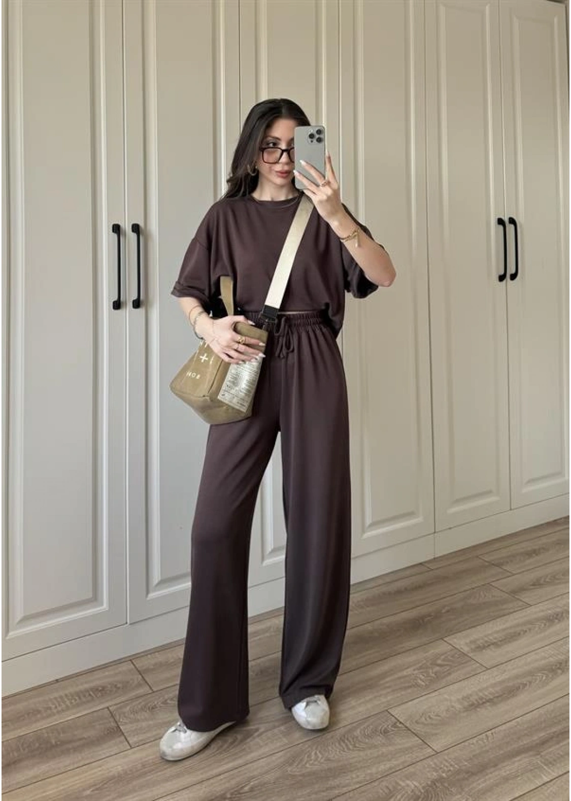 Oysh Moda Kumaş Kahve Basic Kısakollu Takım