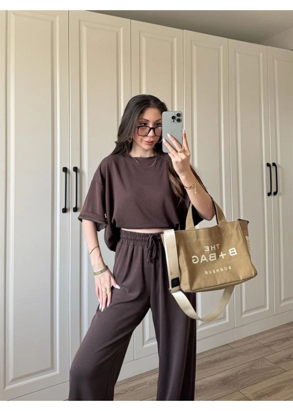 Oysh Moda Kumaş Kahve Basic Kısakollu Takım