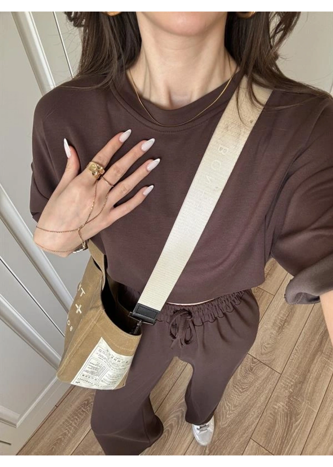 Oysh Moda Kumaş Kahve Basic Kısakollu Takım