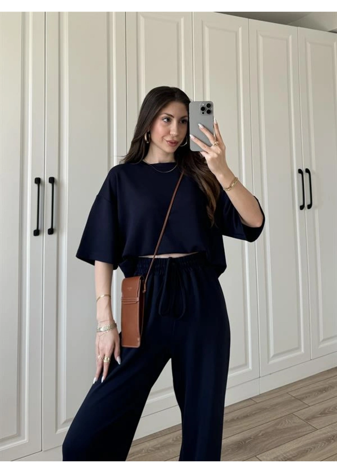 Oysh Moda Kumaş Lacivert Basic Kısakollu Takım