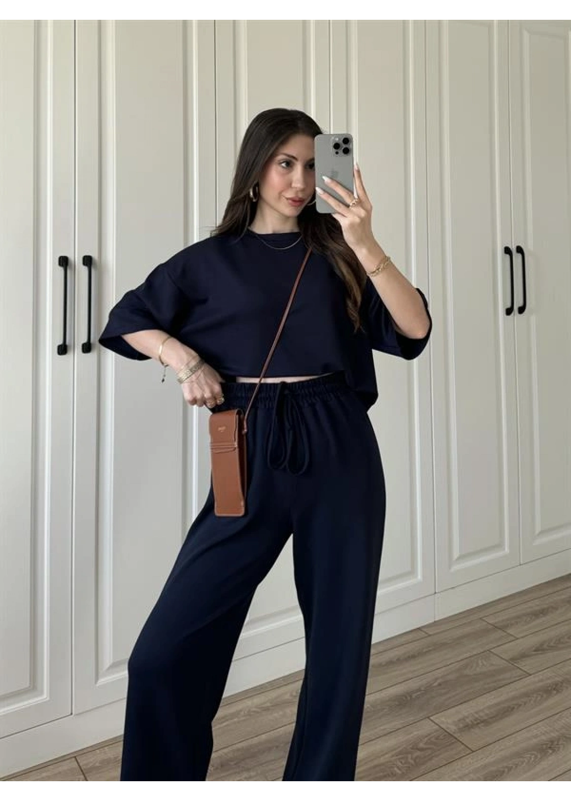 Oysh Moda Kumaş Lacivert Basic Kısakollu Takım