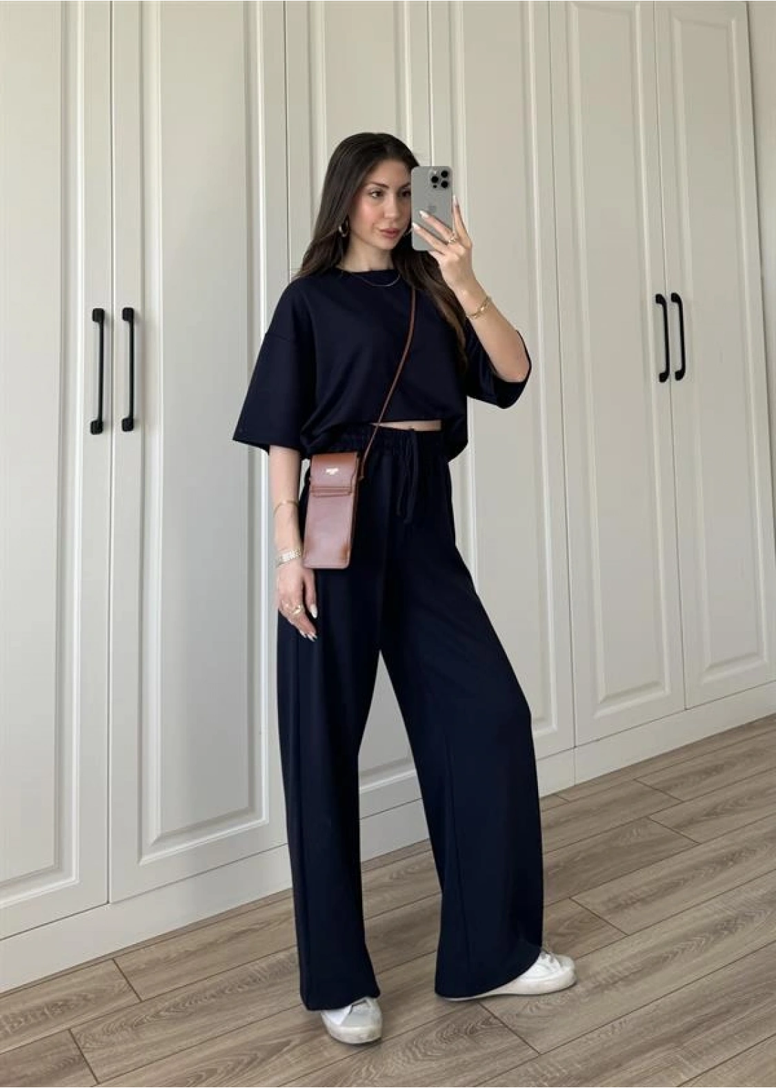 Oysh Moda Kumaş Lacivert Basic Kısakollu Takım