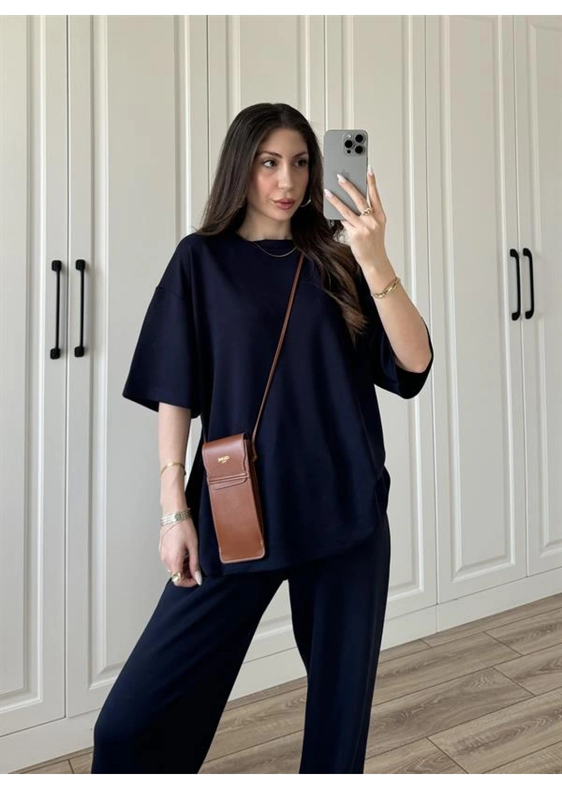 Oysh Moda Kumaş Lacivert Basic Kısakollu Takım