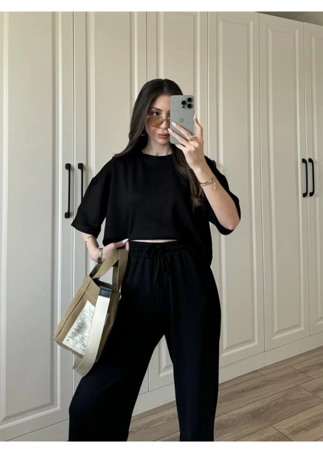 Oysh Moda Kumaş Siyah Basic Kısakollu Takım