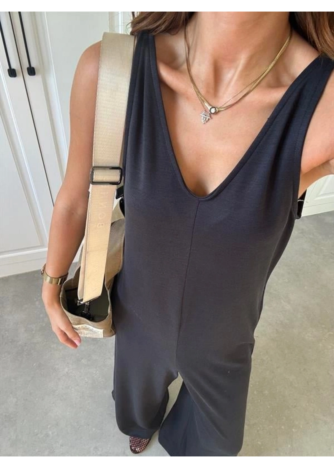 Oysh Modal Kumaş Basic V Yaka Antrasit Tulum