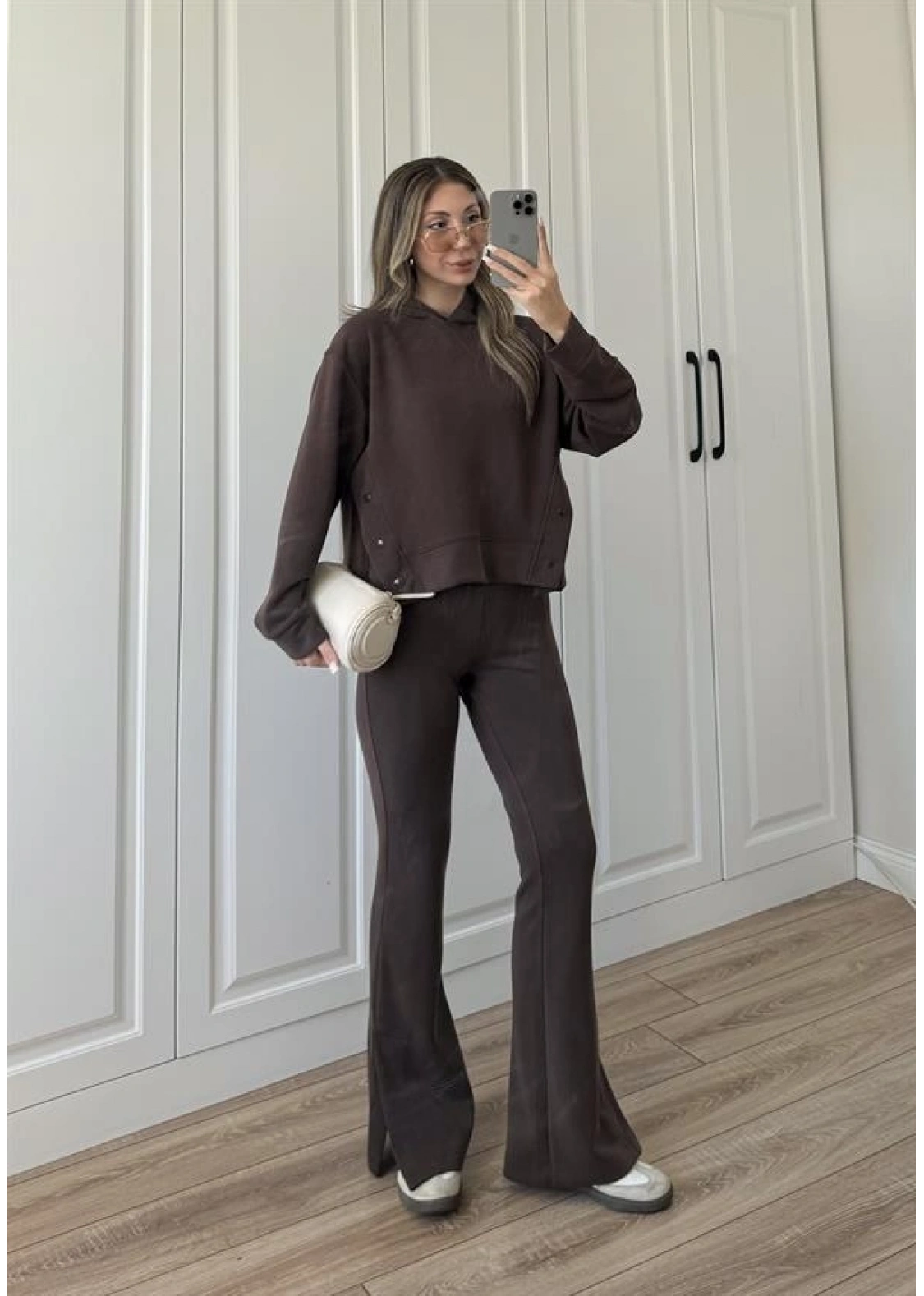 Oysh Modal Kumaş Çıtçıtlı Kahve Sweat Takım