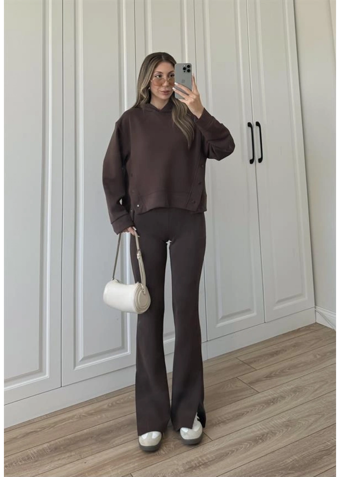 Oysh Modal Kumaş Çıtçıtlı Kahve Sweat Takım