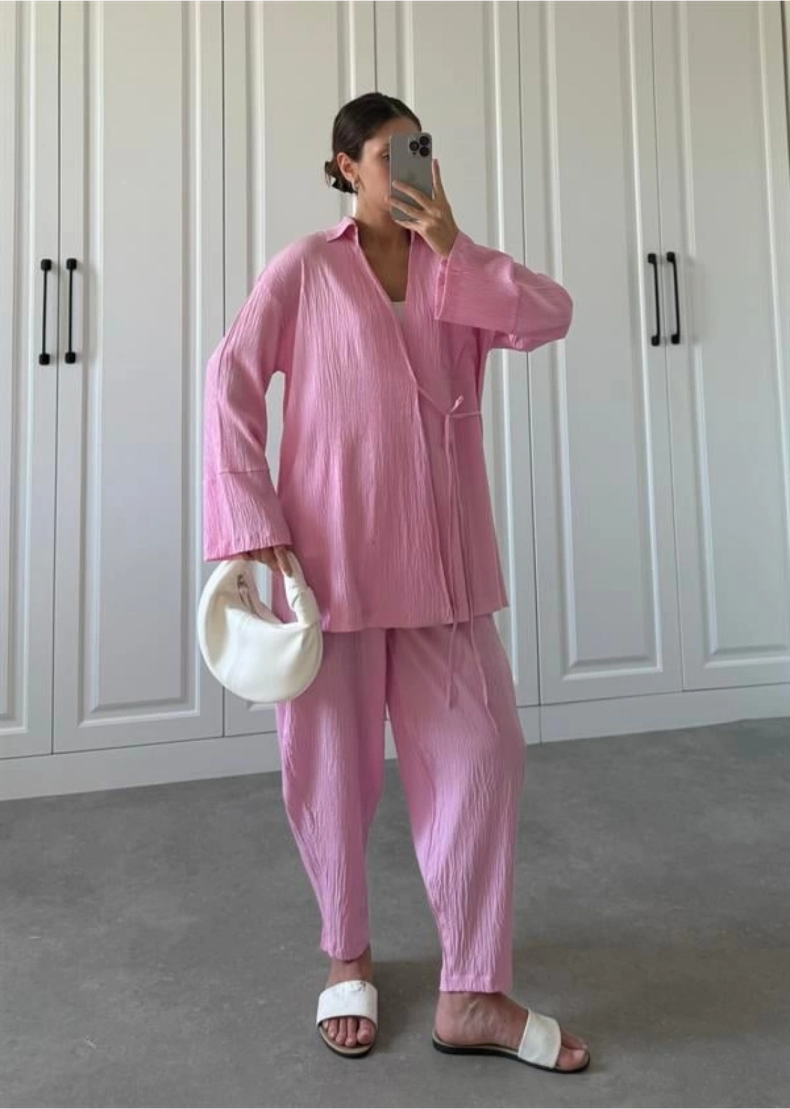 Pembe Gofre Bağlamalı Kimono Takım