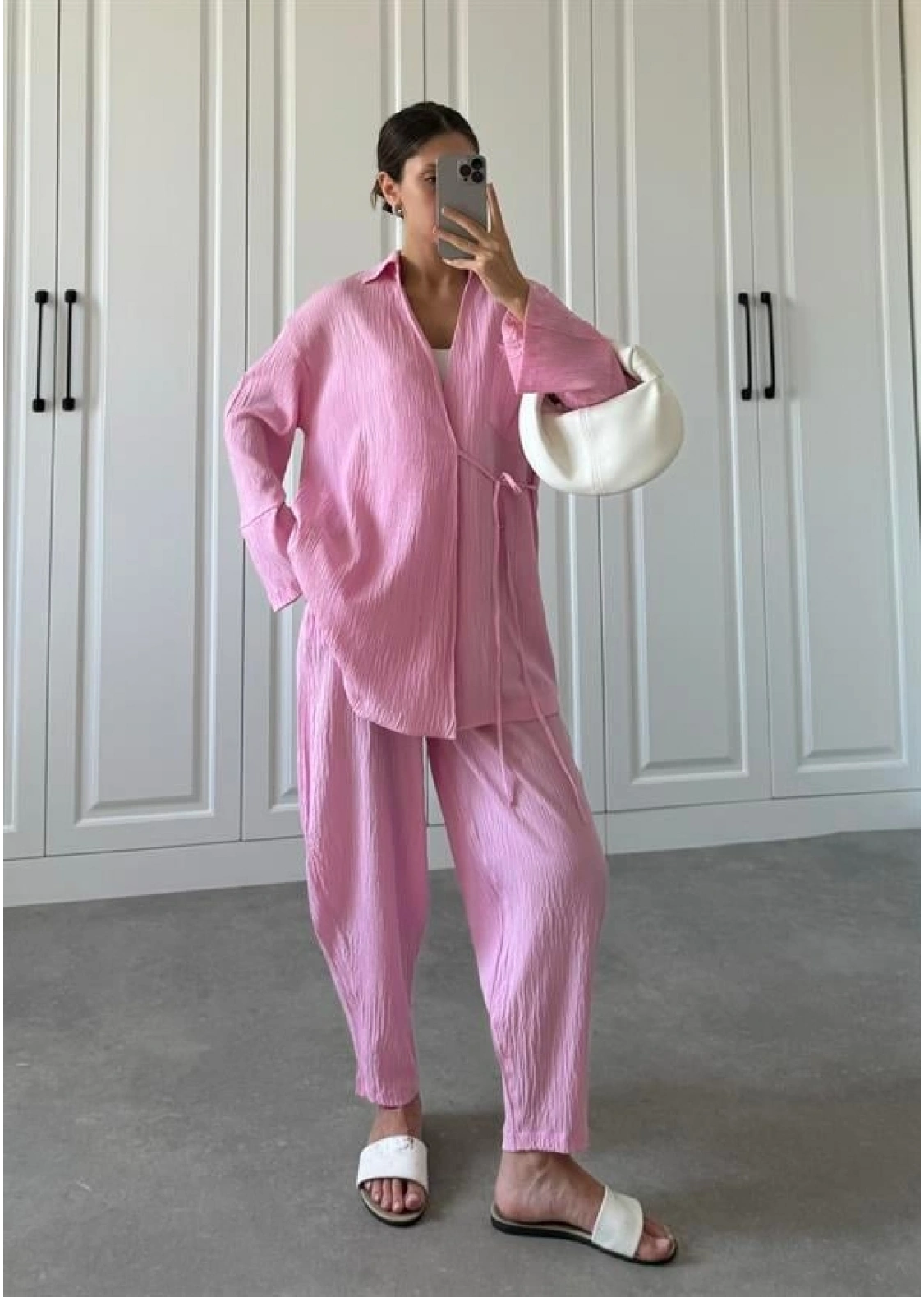 Pembe Gofre Bağlamalı Kimono Takım