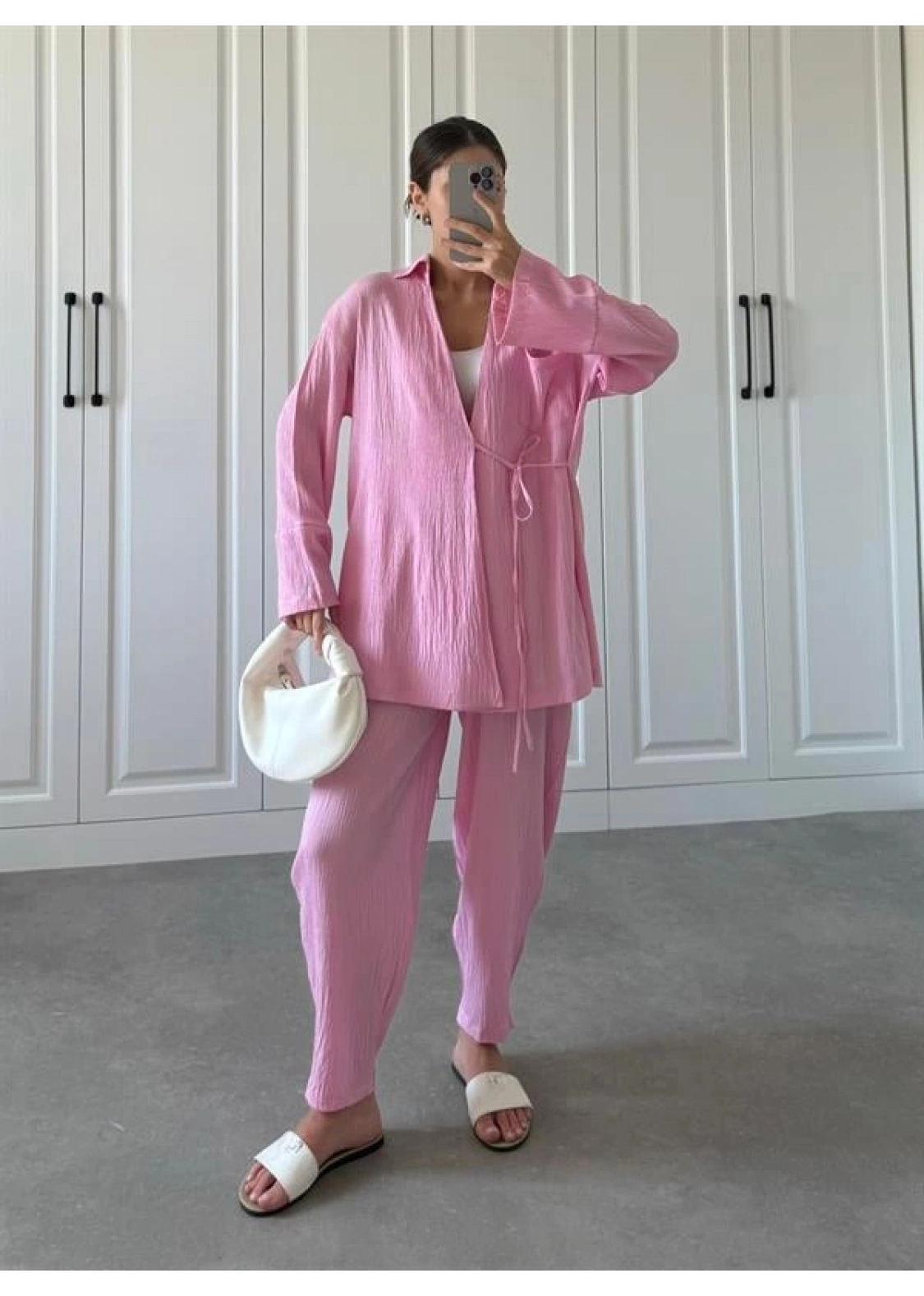 Pembe Gofre Bağlamalı Kimono Takım