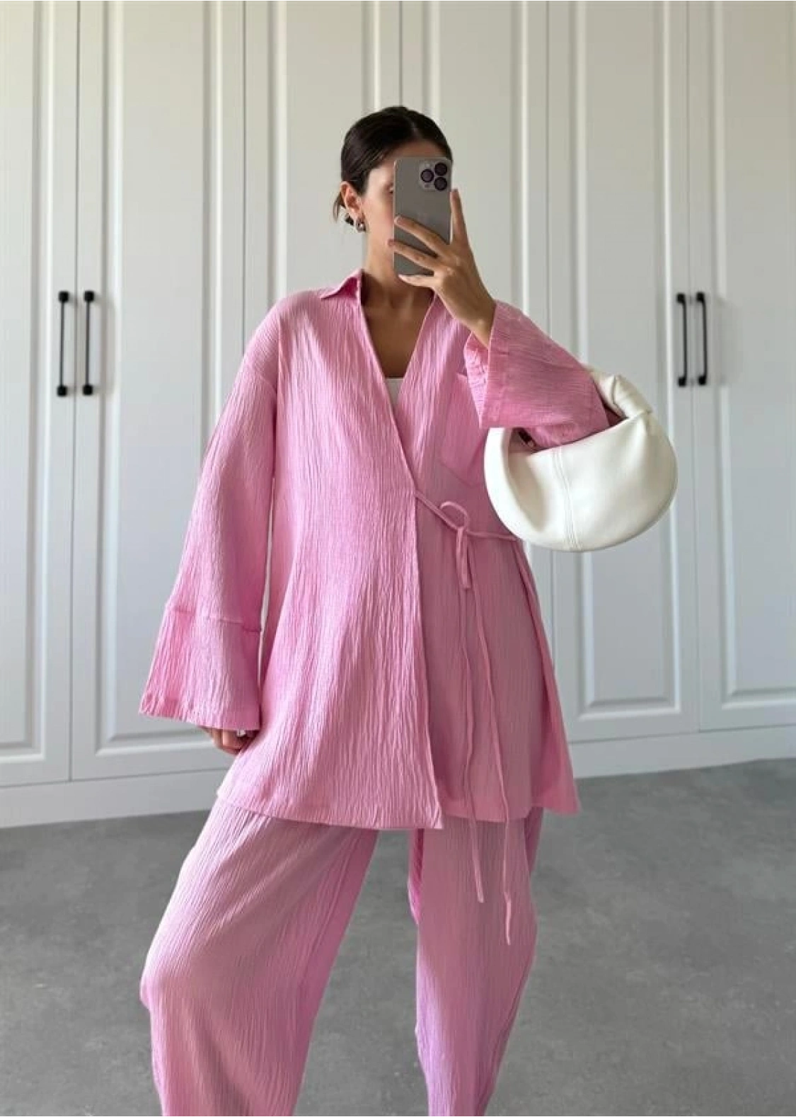 Pembe Gofre Bağlamalı Kimono Takım