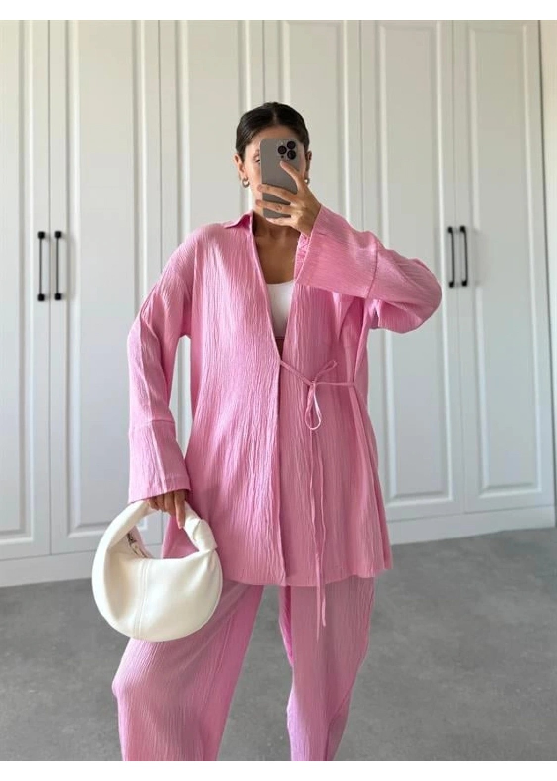 Pembe Gofre Bağlamalı Kimono Takım
