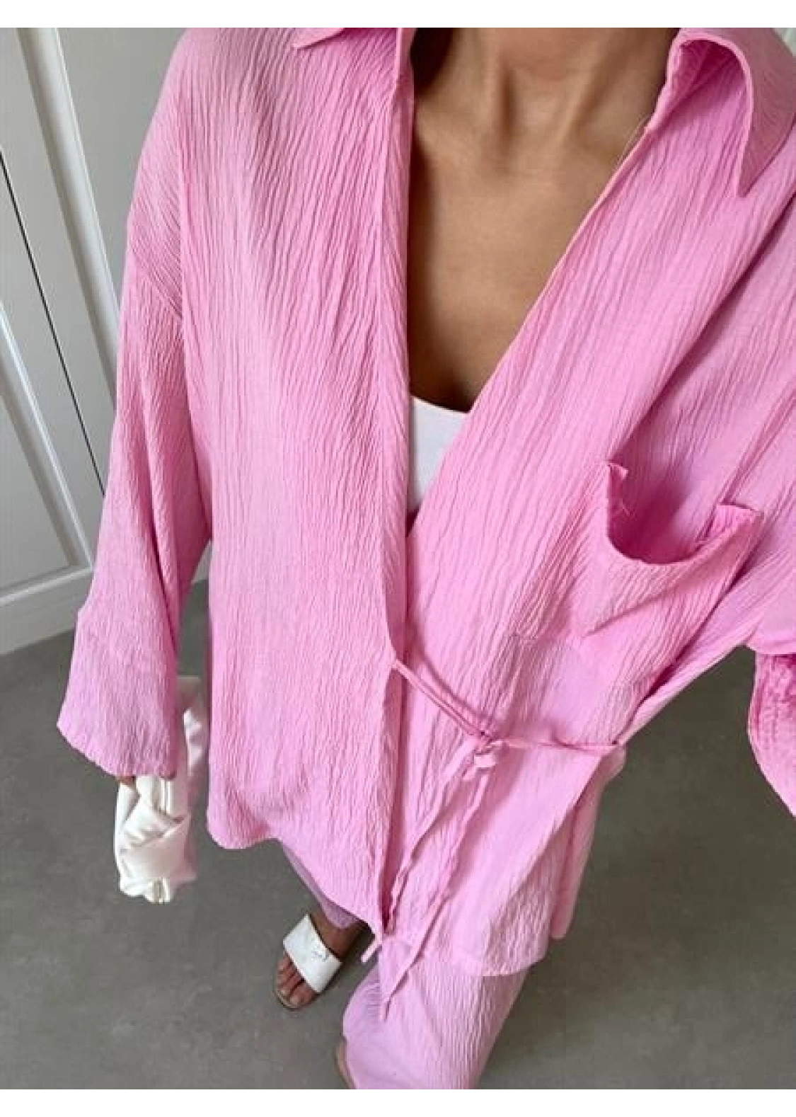 Pembe Gofre Bağlamalı Kimono Takım