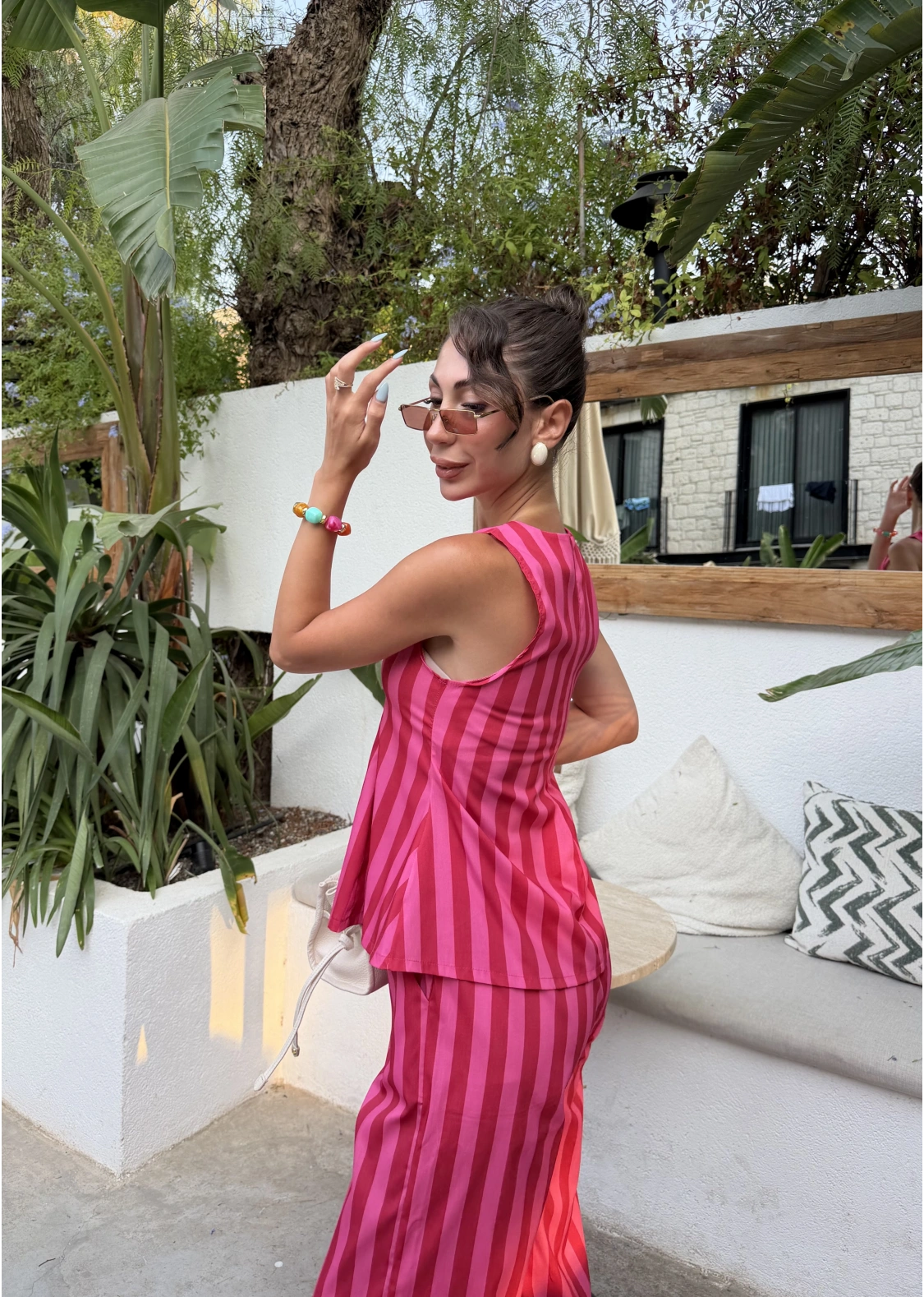 Pembe Kırmızı Çizgili Bluz Takım