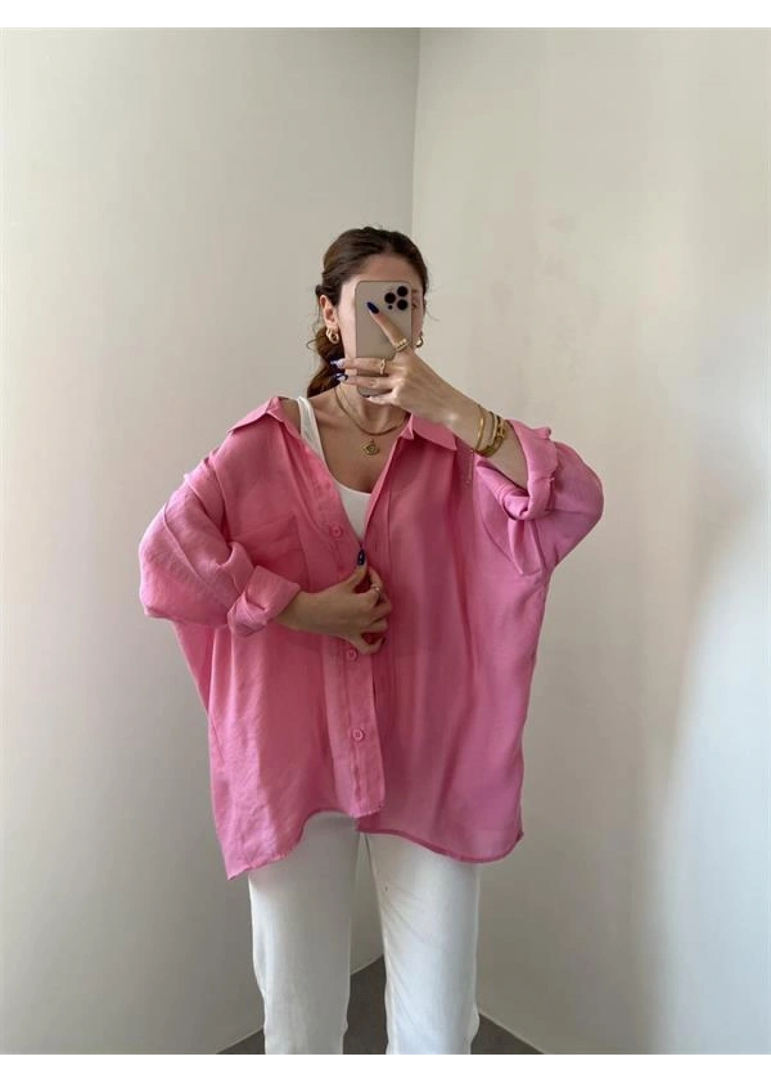 Pembe Oversize Tensel Gömlek
