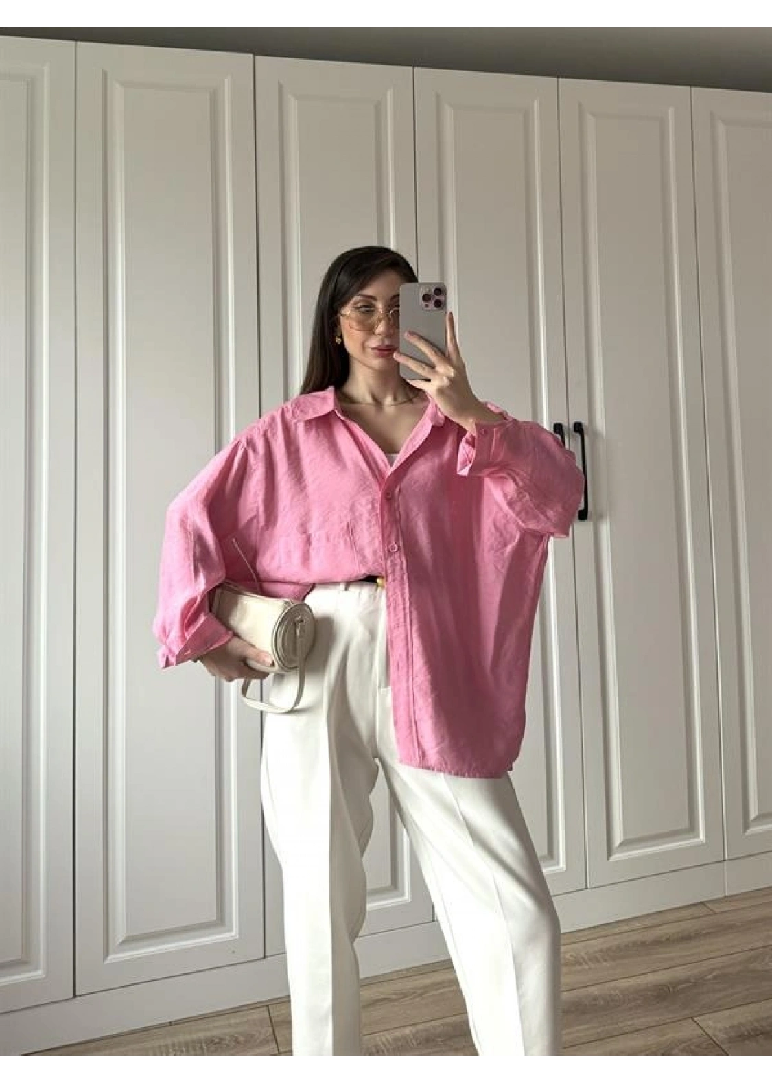 Pembe Oversize Tensel Gömlek