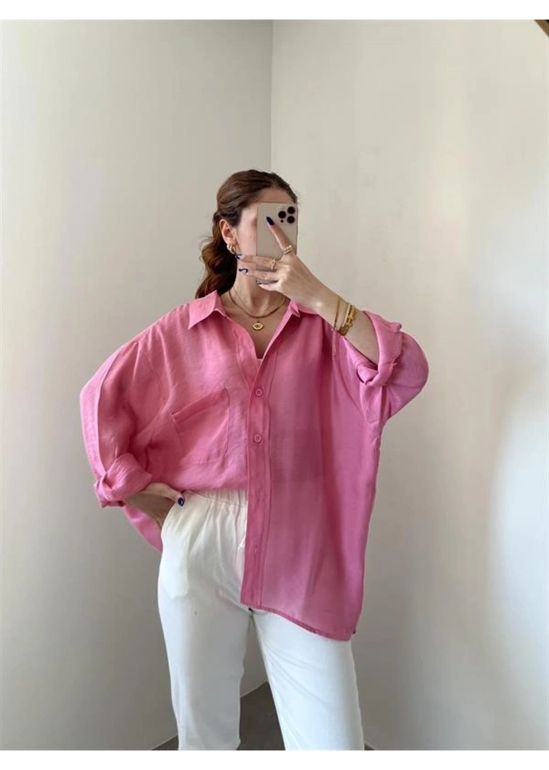 Pembe Oversize Tensel Gömlek