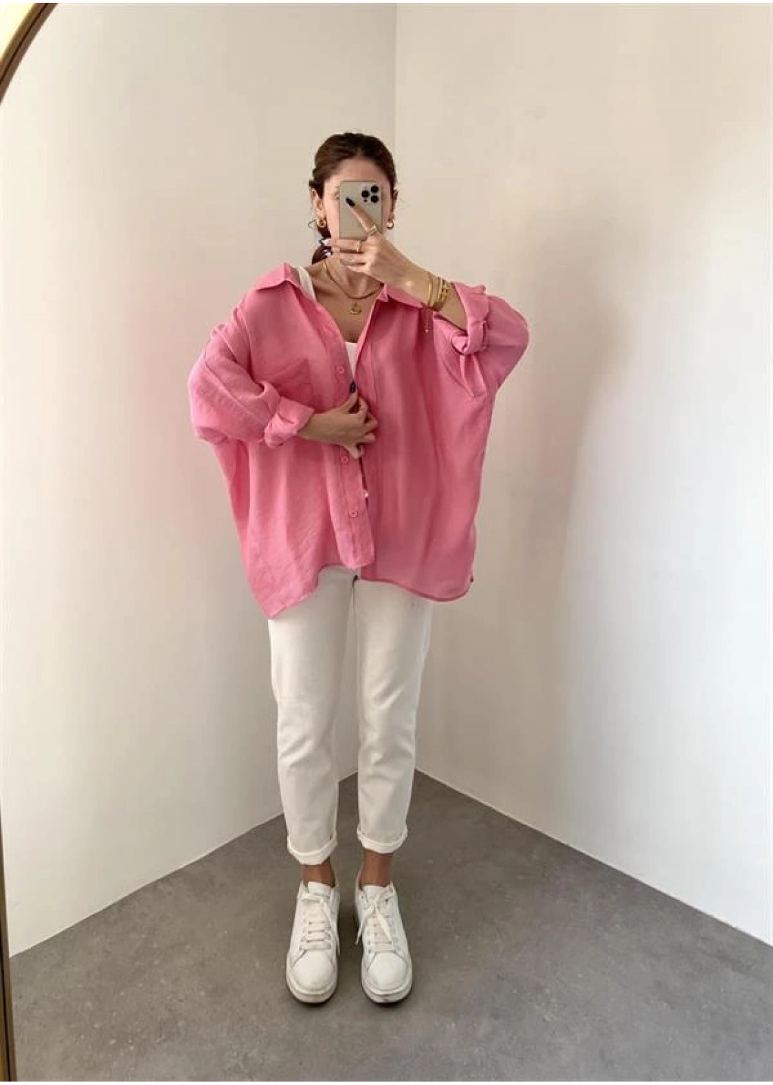 Pembe Oversize Tensel Gömlek