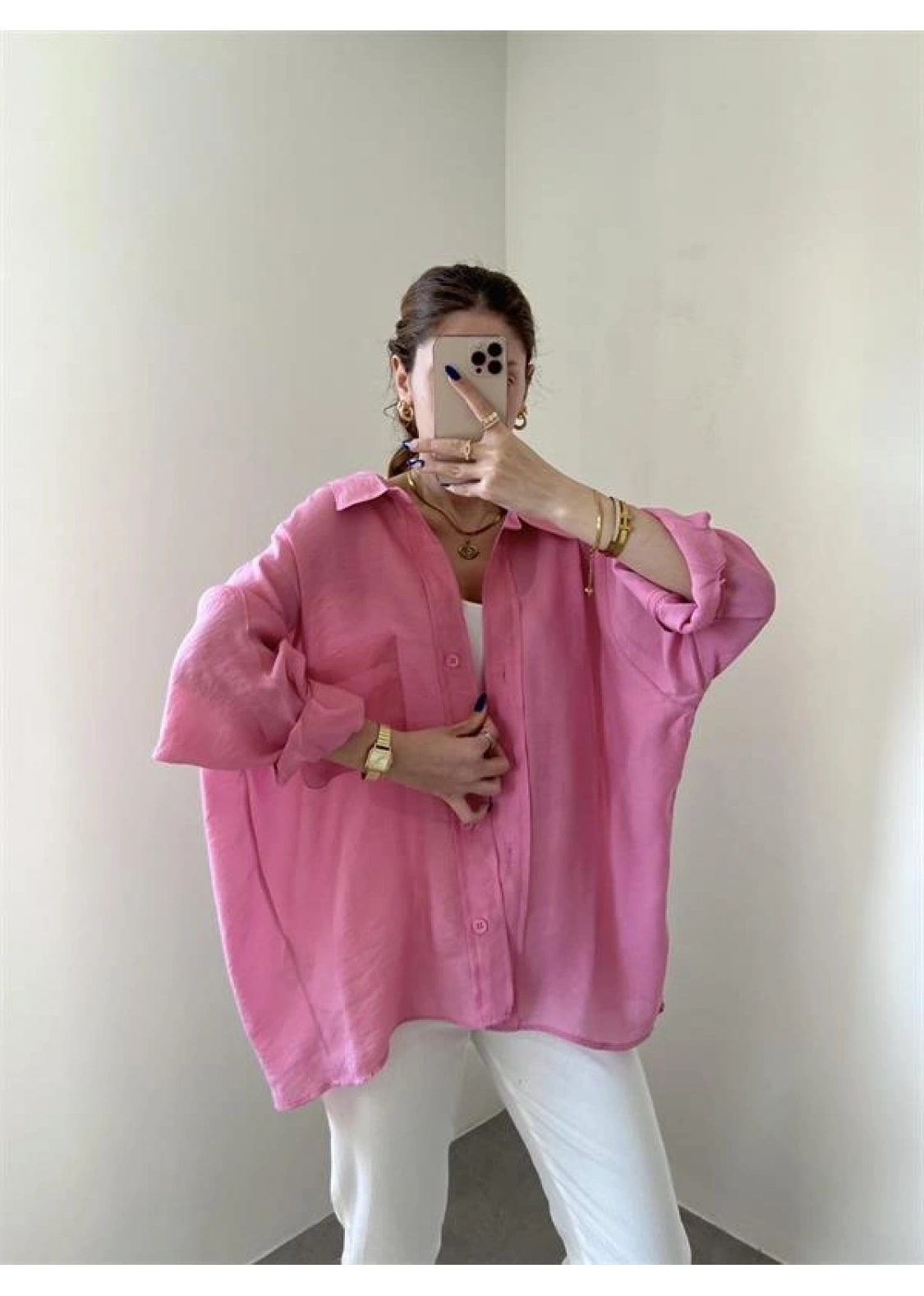 Pembe Oversize Tensel Gömlek