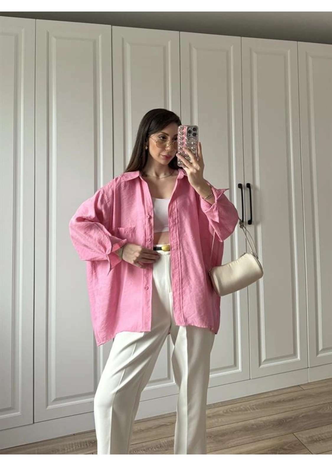 Pembe Oversize Tensel Gömlek