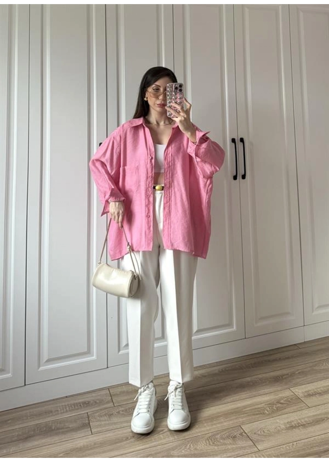 Pembe Oversize Tensel Gömlek