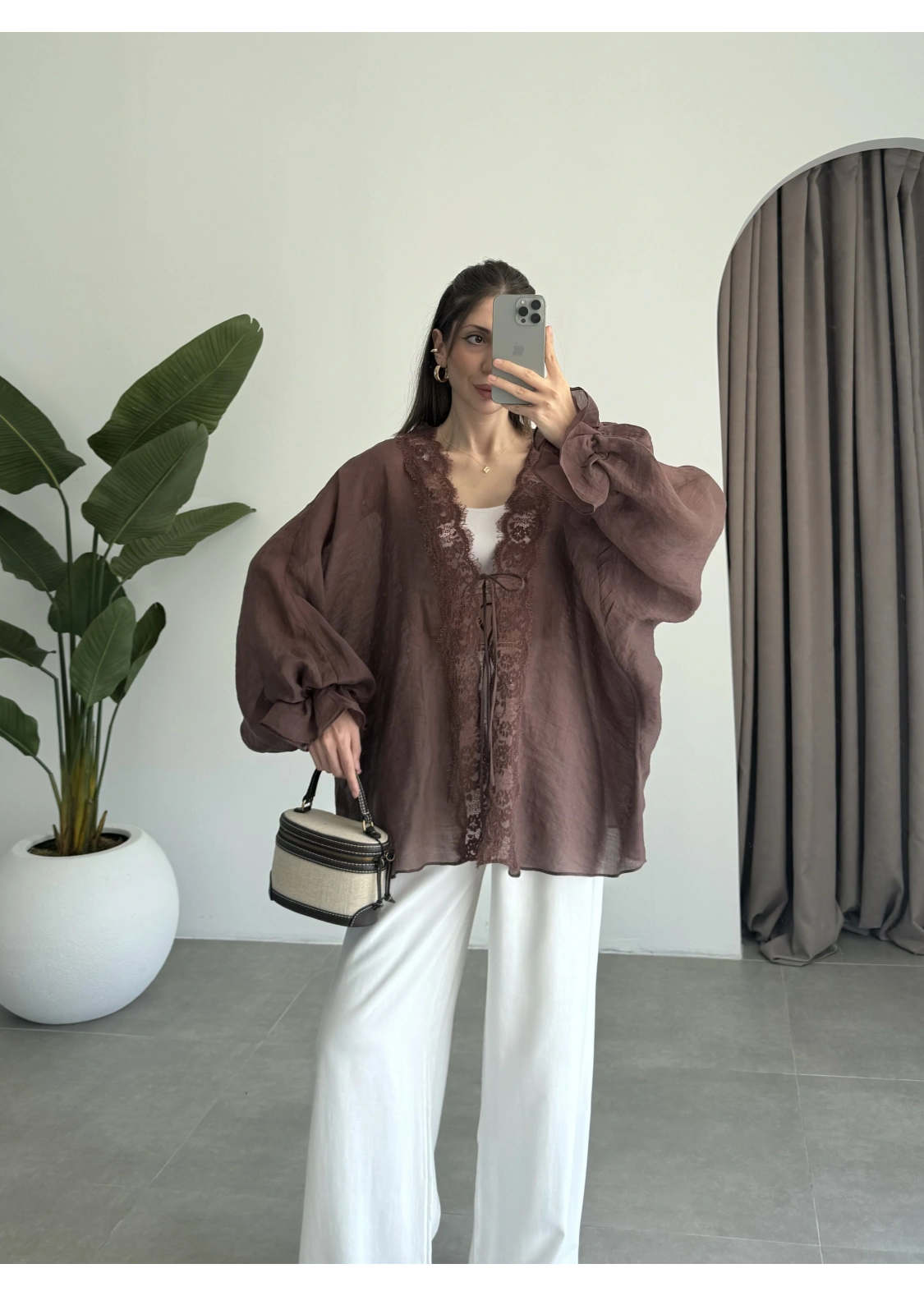 Pera Dantelli Koyu Kahve Kimono Gömlek