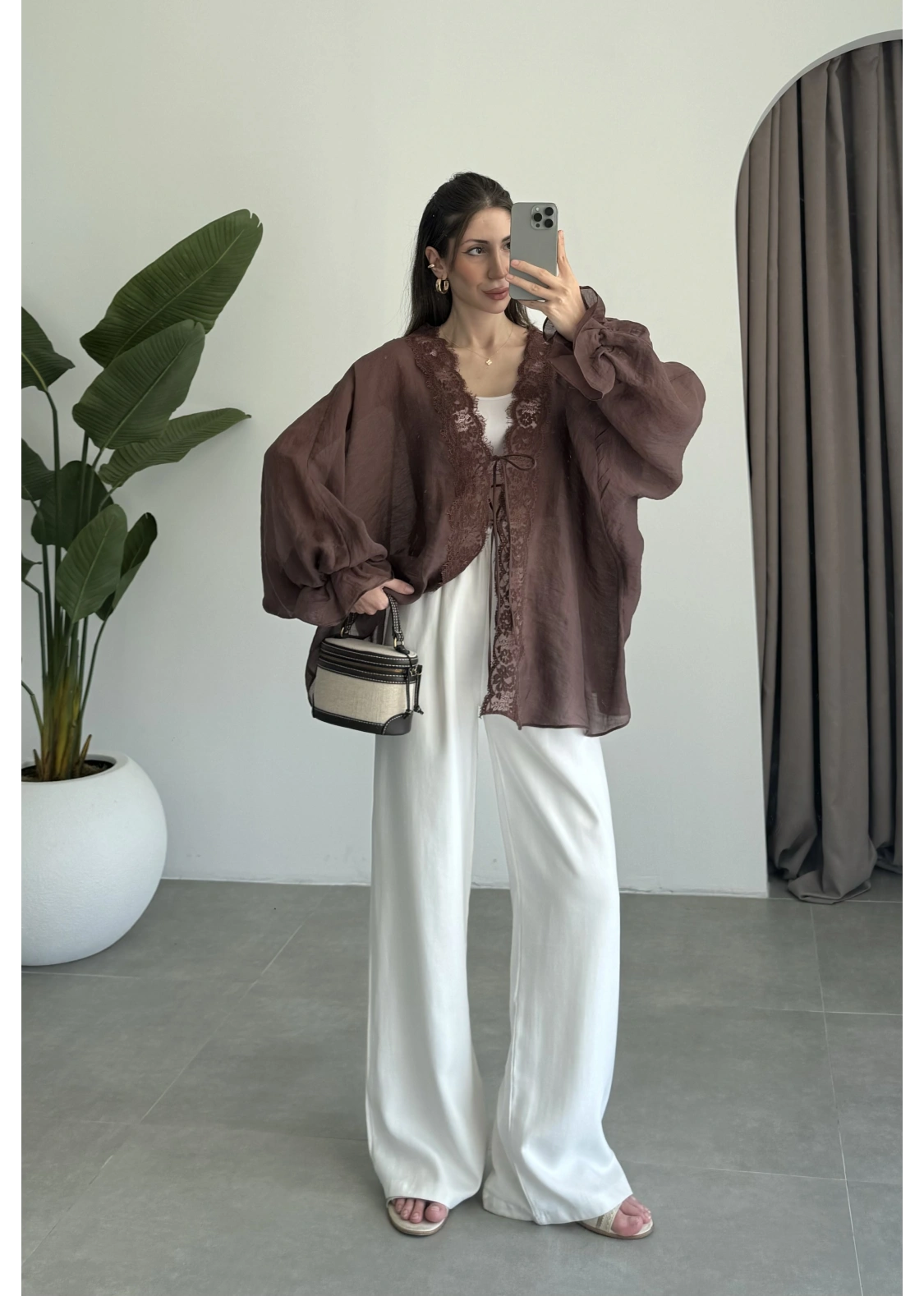 Pera Dantelli Koyu Kahve Kimono Gömlek