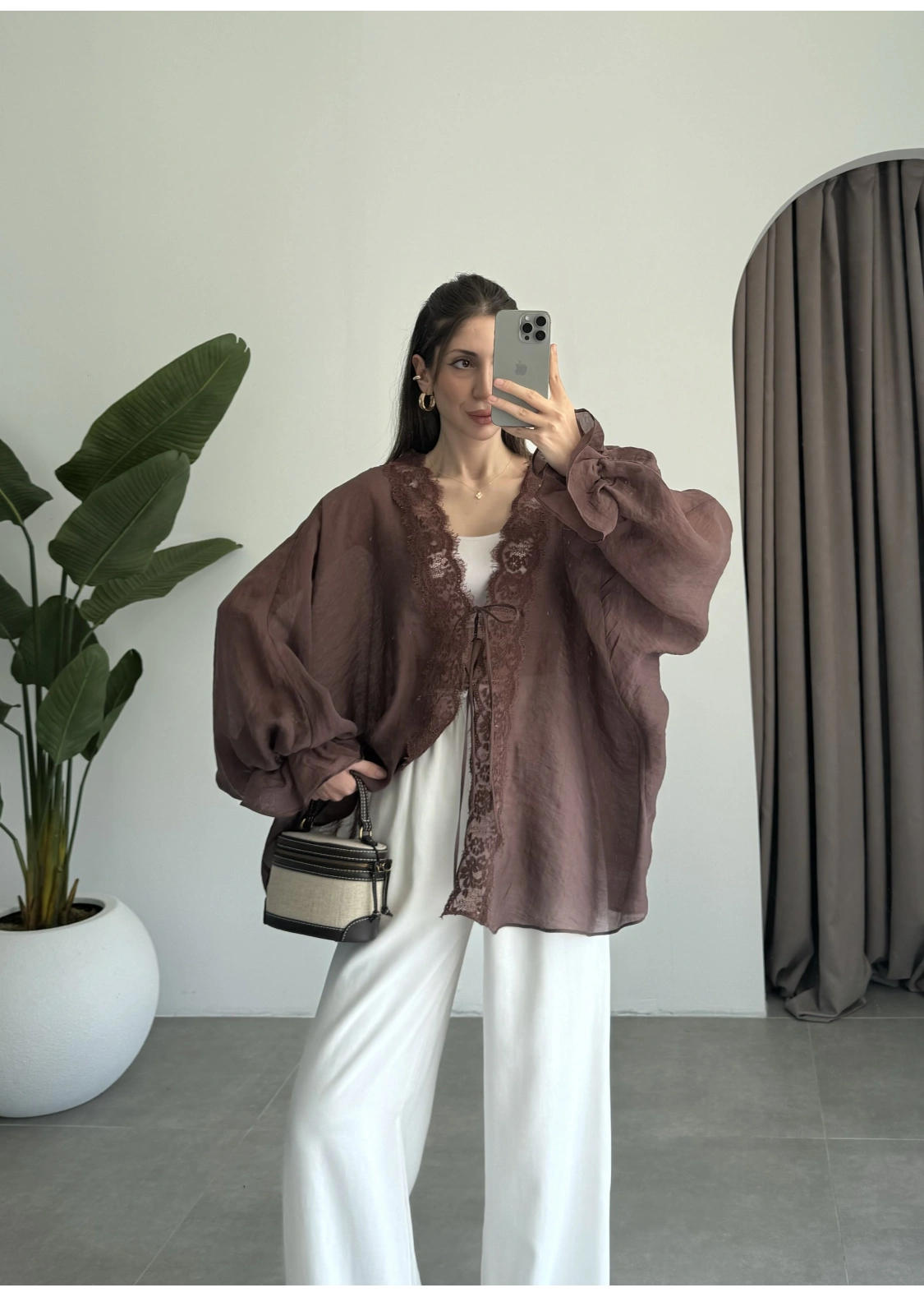 Pera Dantelli Koyu Kahve Kimono Gömlek