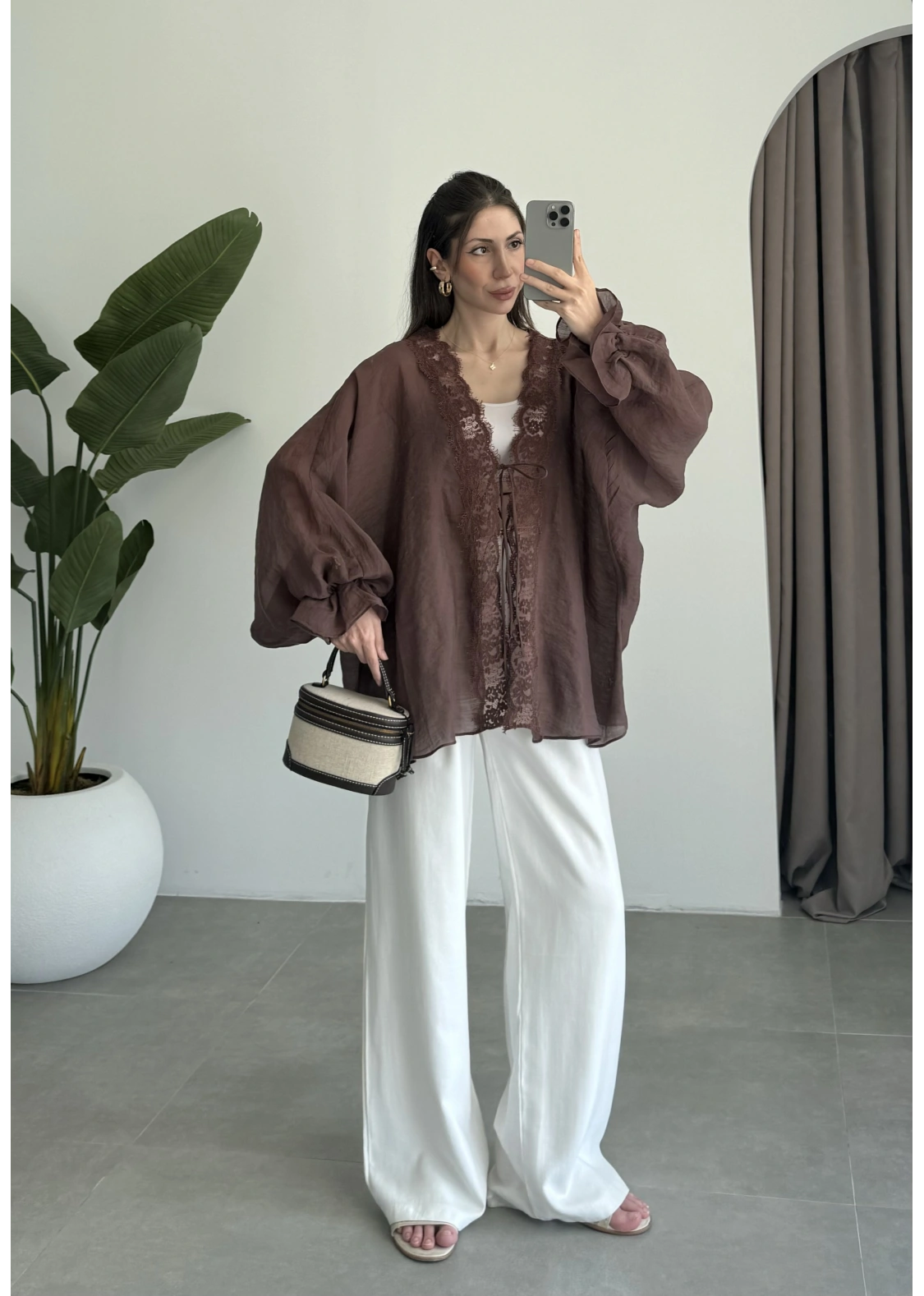 Pera Dantelli Koyu Kahve Kimono Gömlek