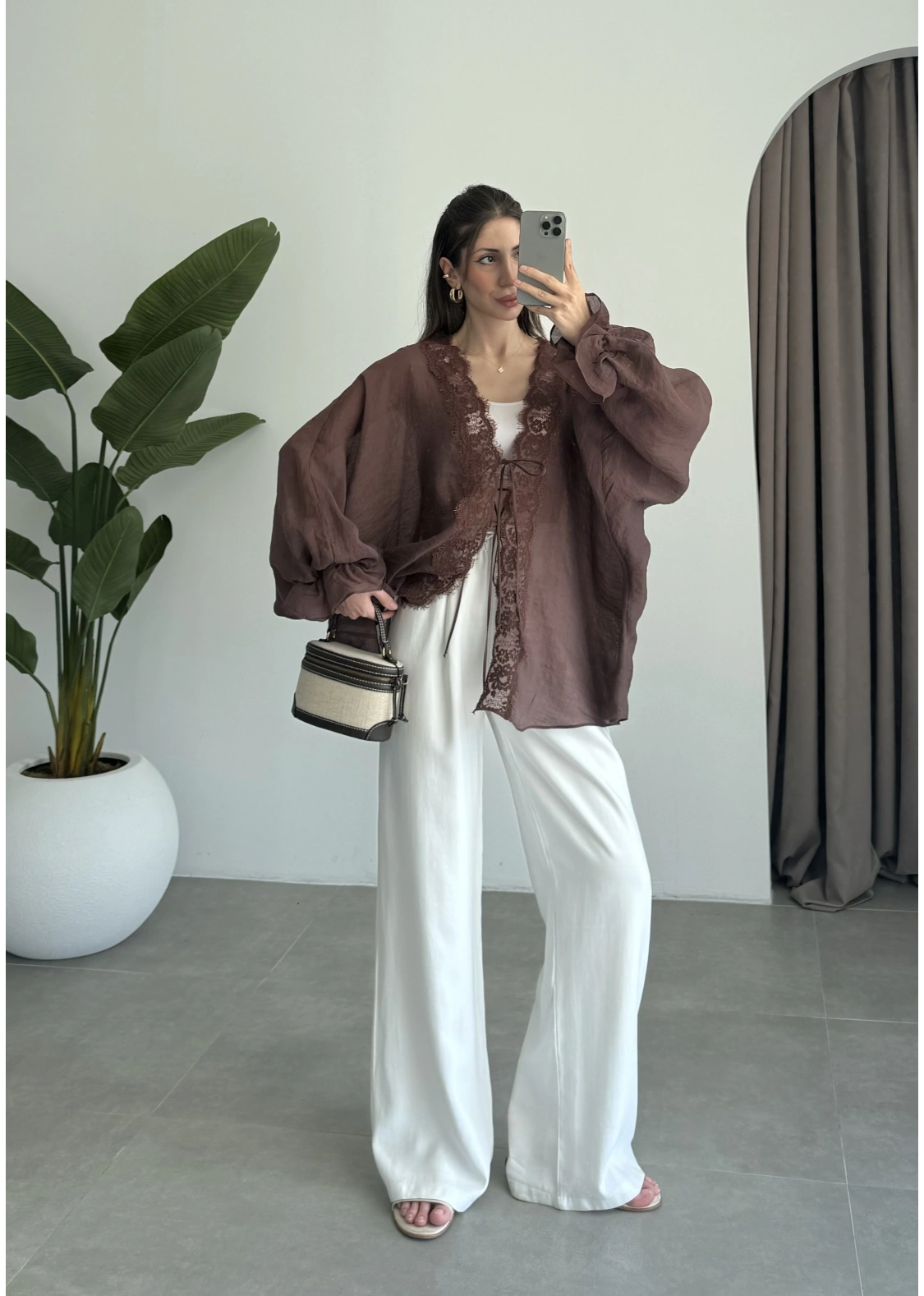 Pera Dantelli Koyu Kahve Kimono Gömlek