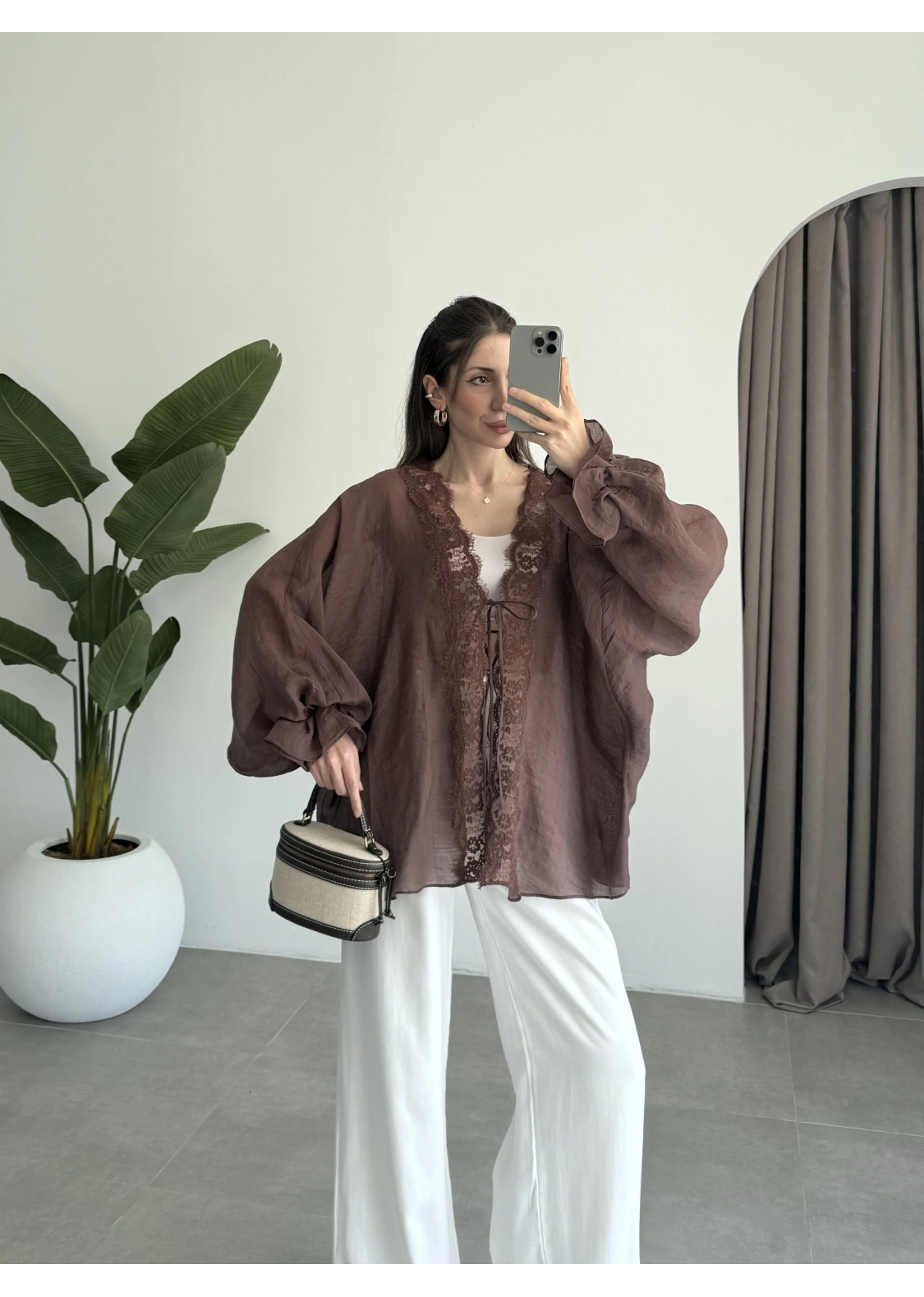 Pera Dantelli Koyu Kahve Kimono Gömlek