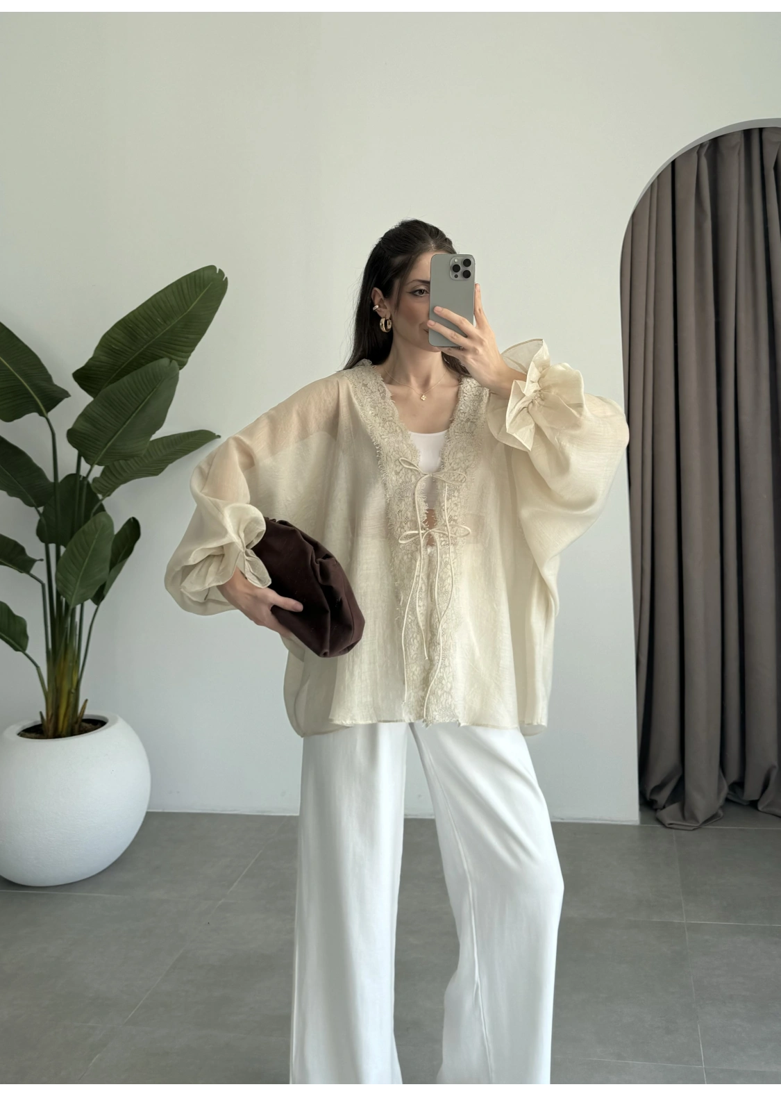 Pera Dantelli Taş Kimono Gömlek