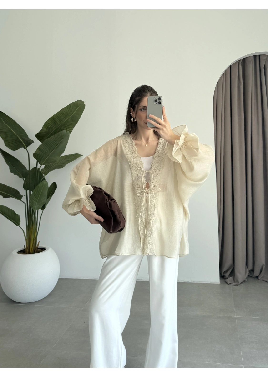 Pera Dantelli Taş Kimono Gömlek