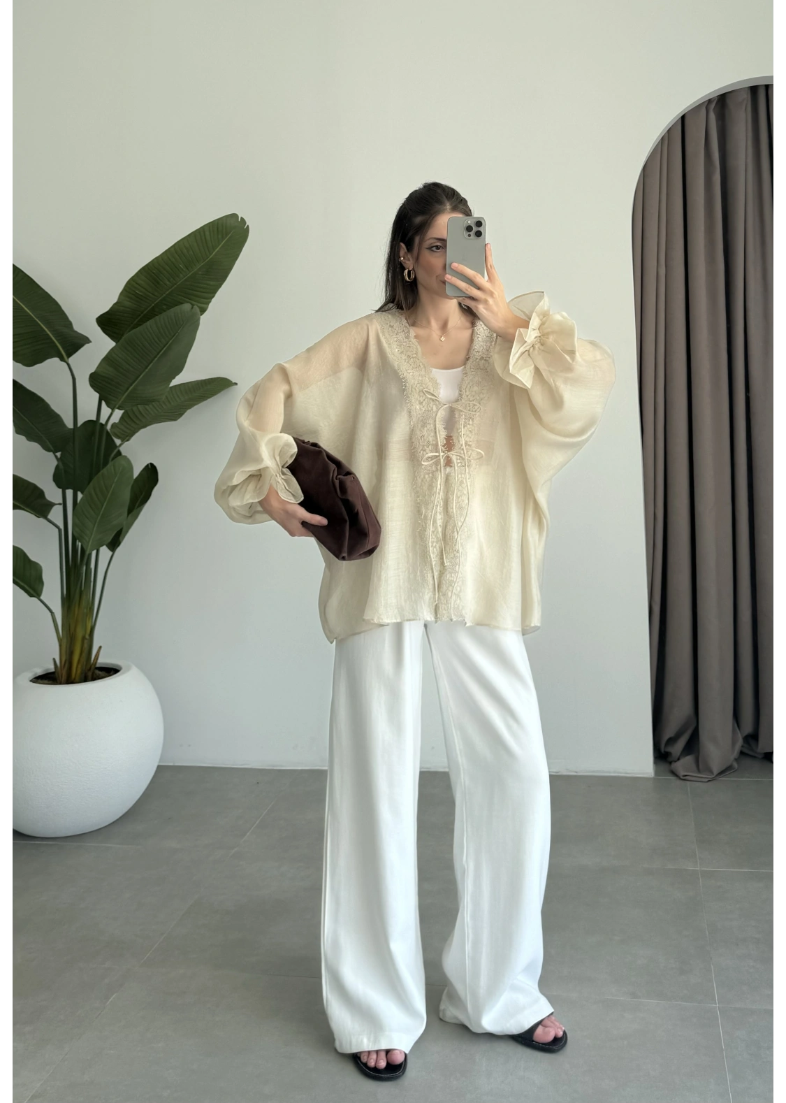 Pera Dantelli Taş Kimono Gömlek
