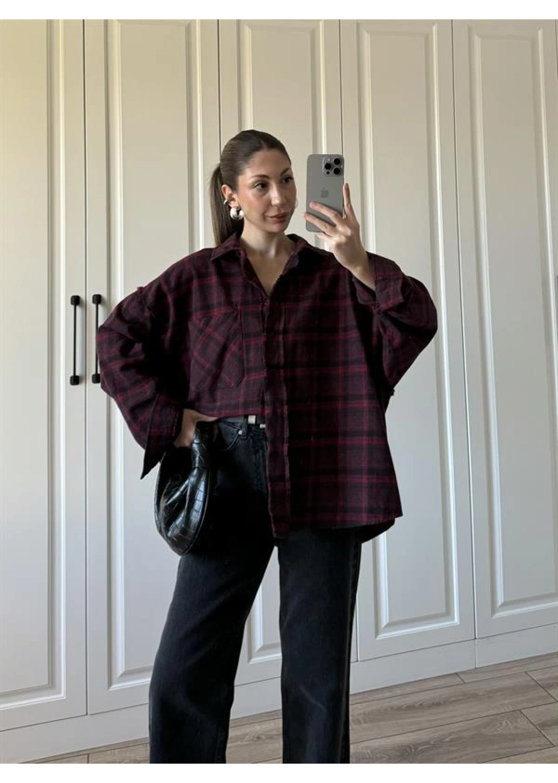 Pera Oversize Bordo Ekose Gömlek