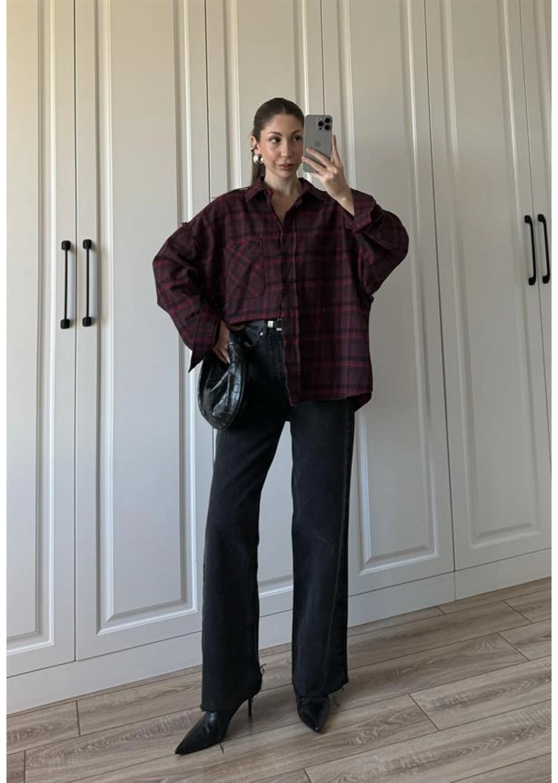 Pera Oversize Bordo Ekose Gömlek