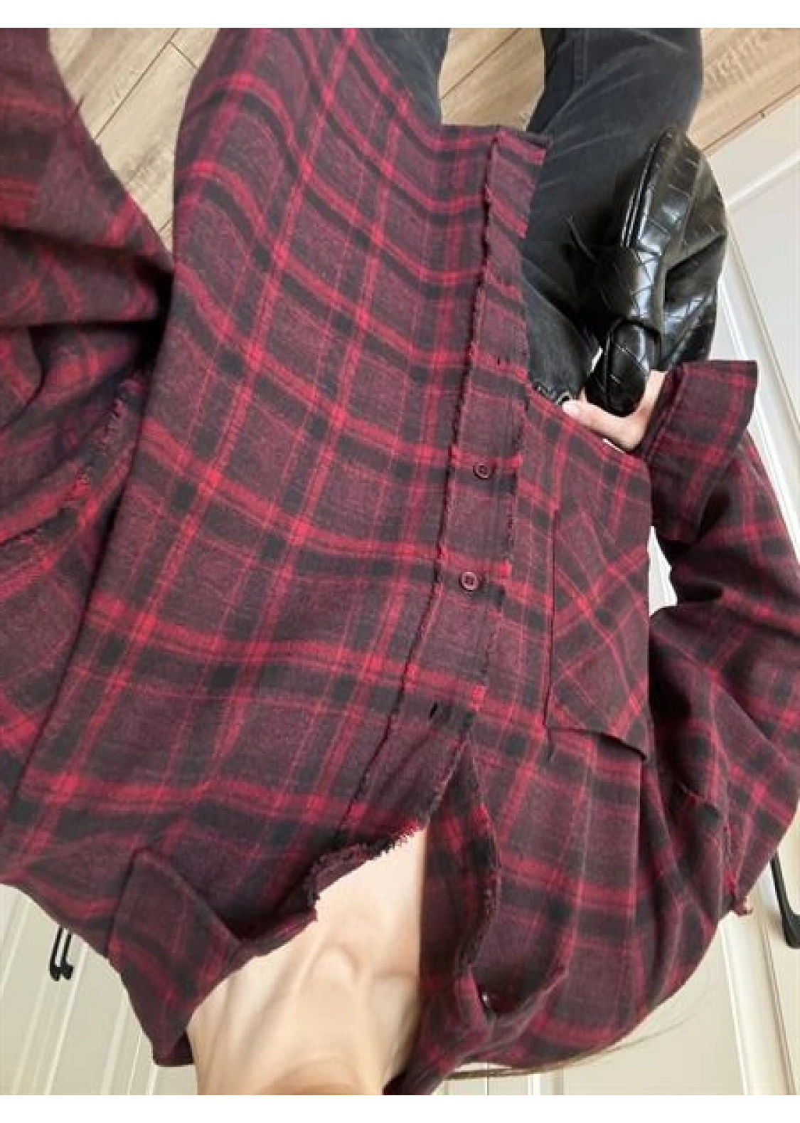 Pera Oversize Bordo Ekose Gömlek