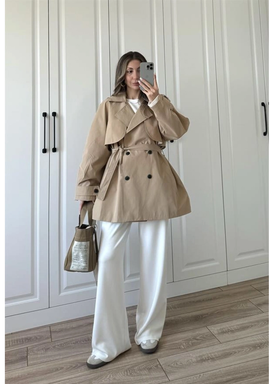 Poem Kuşaklı Astarlı Oversize Bej Trençkot