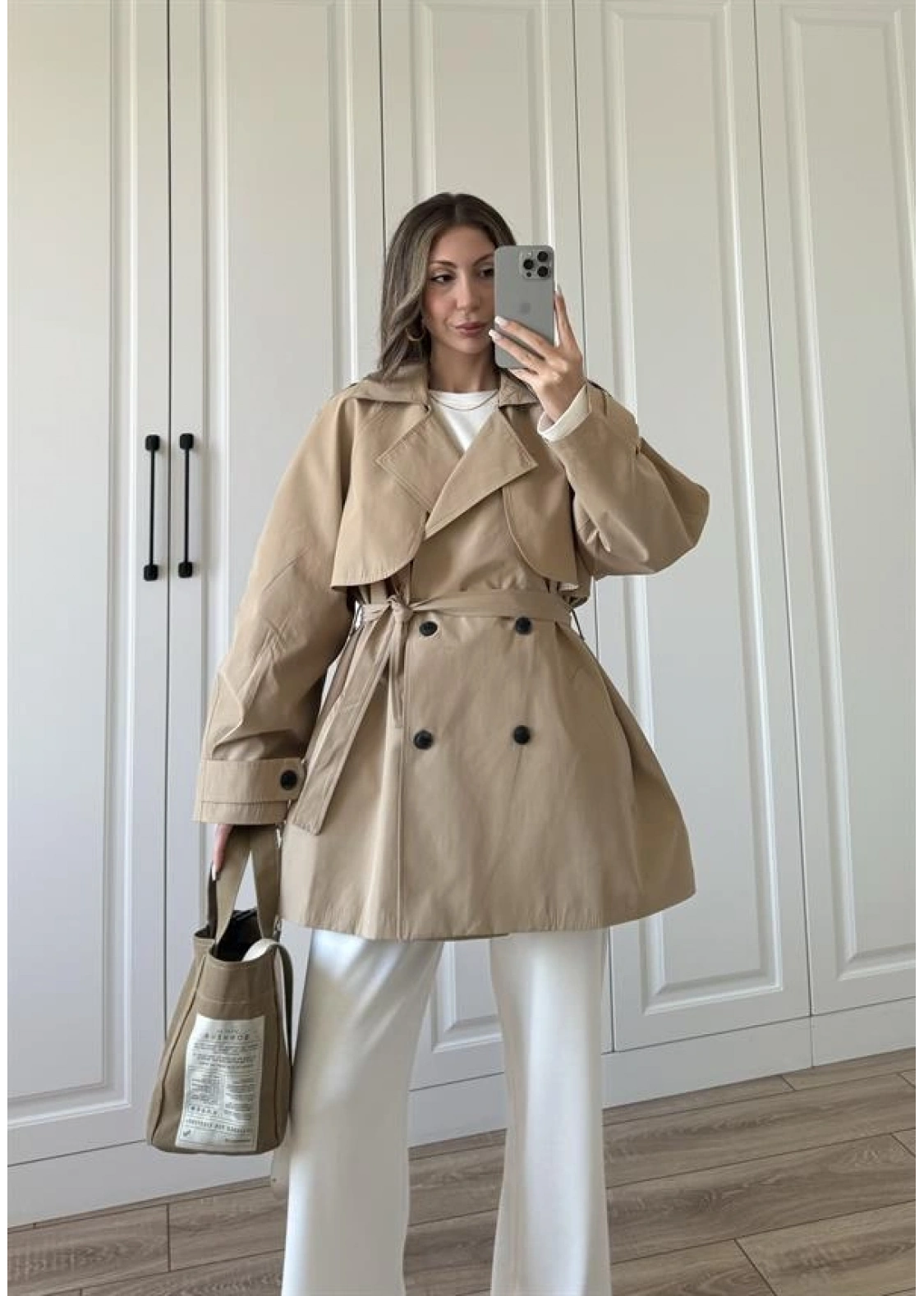 Poem Kuşaklı Astarlı Oversize Bej Trençkot