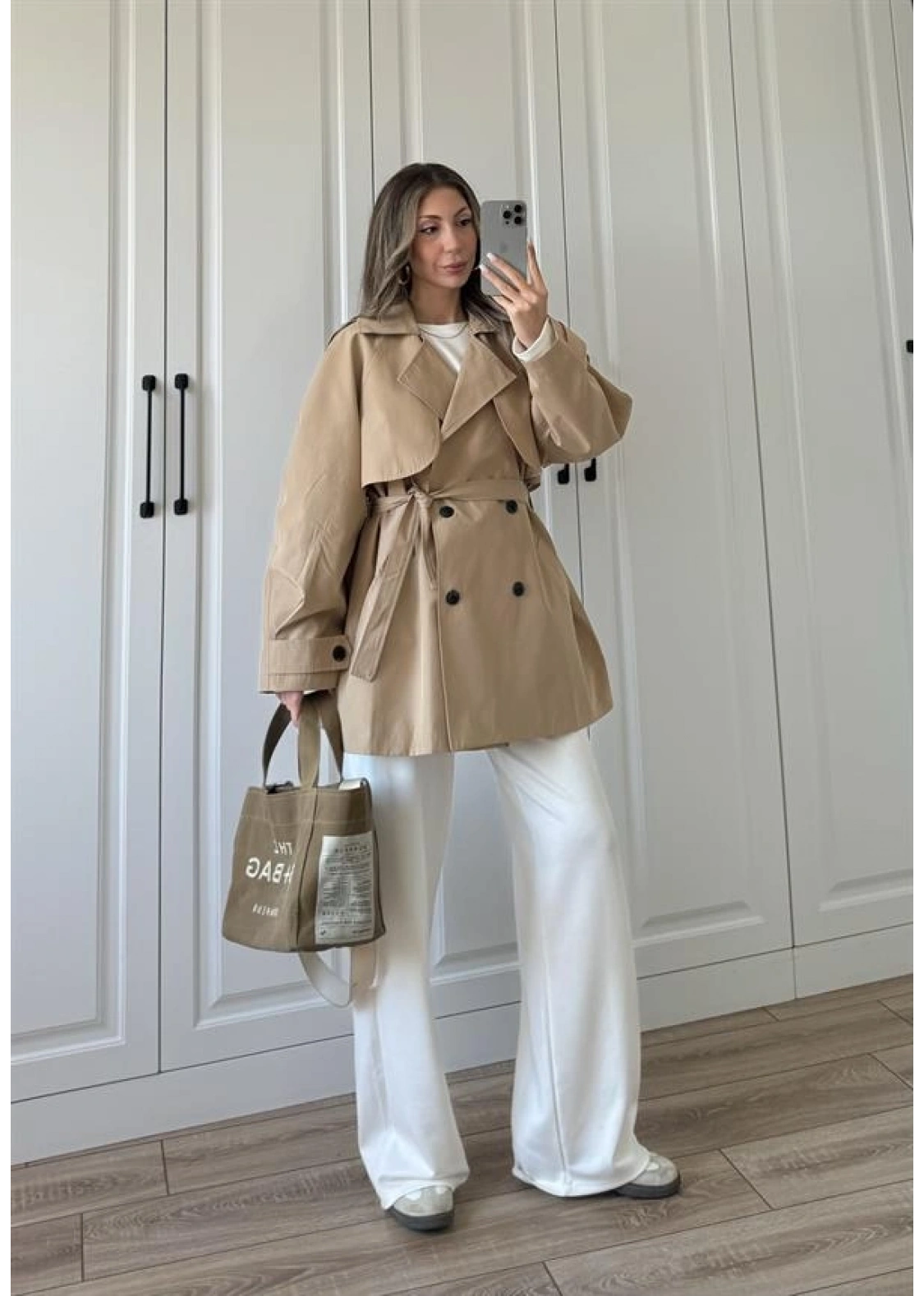 Poem Kuşaklı Astarlı Oversize Bej Trençkot