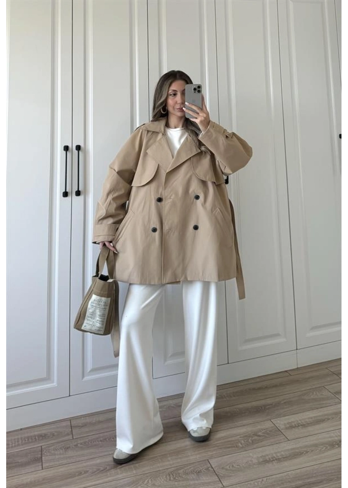 Poem Kuşaklı Astarlı Oversize Bej Trençkot