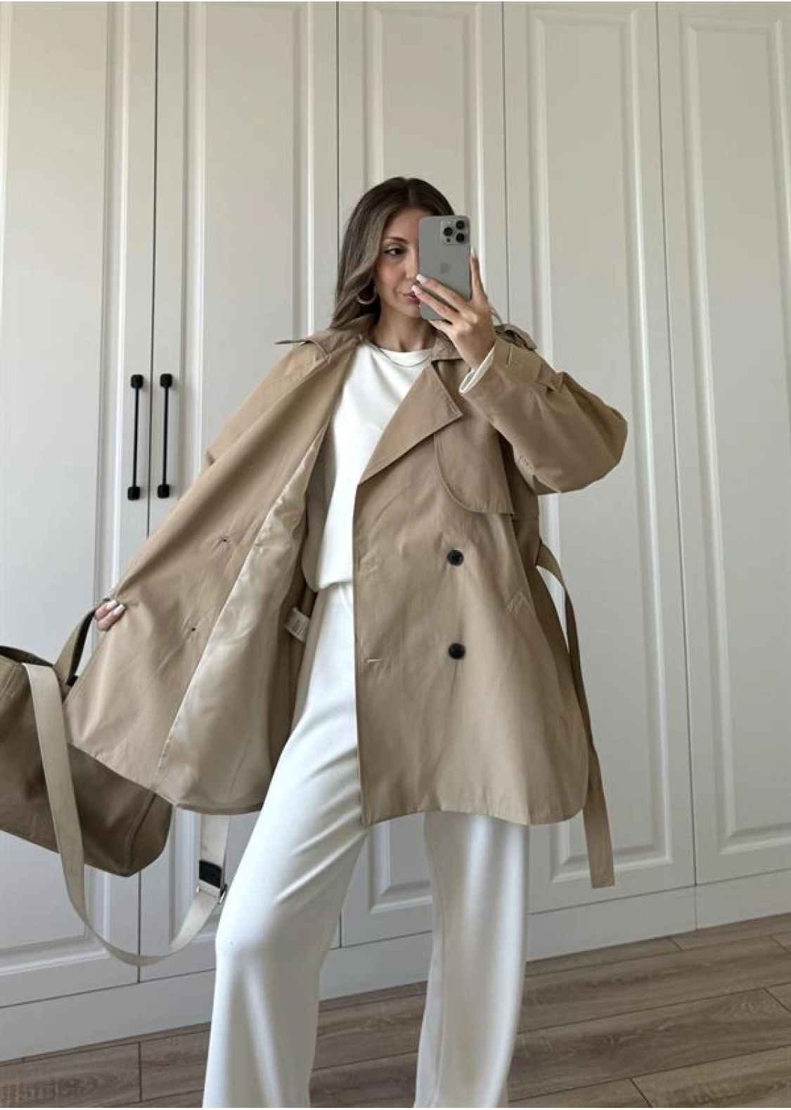 Poem Kuşaklı Astarlı Oversize Bej Trençkot
