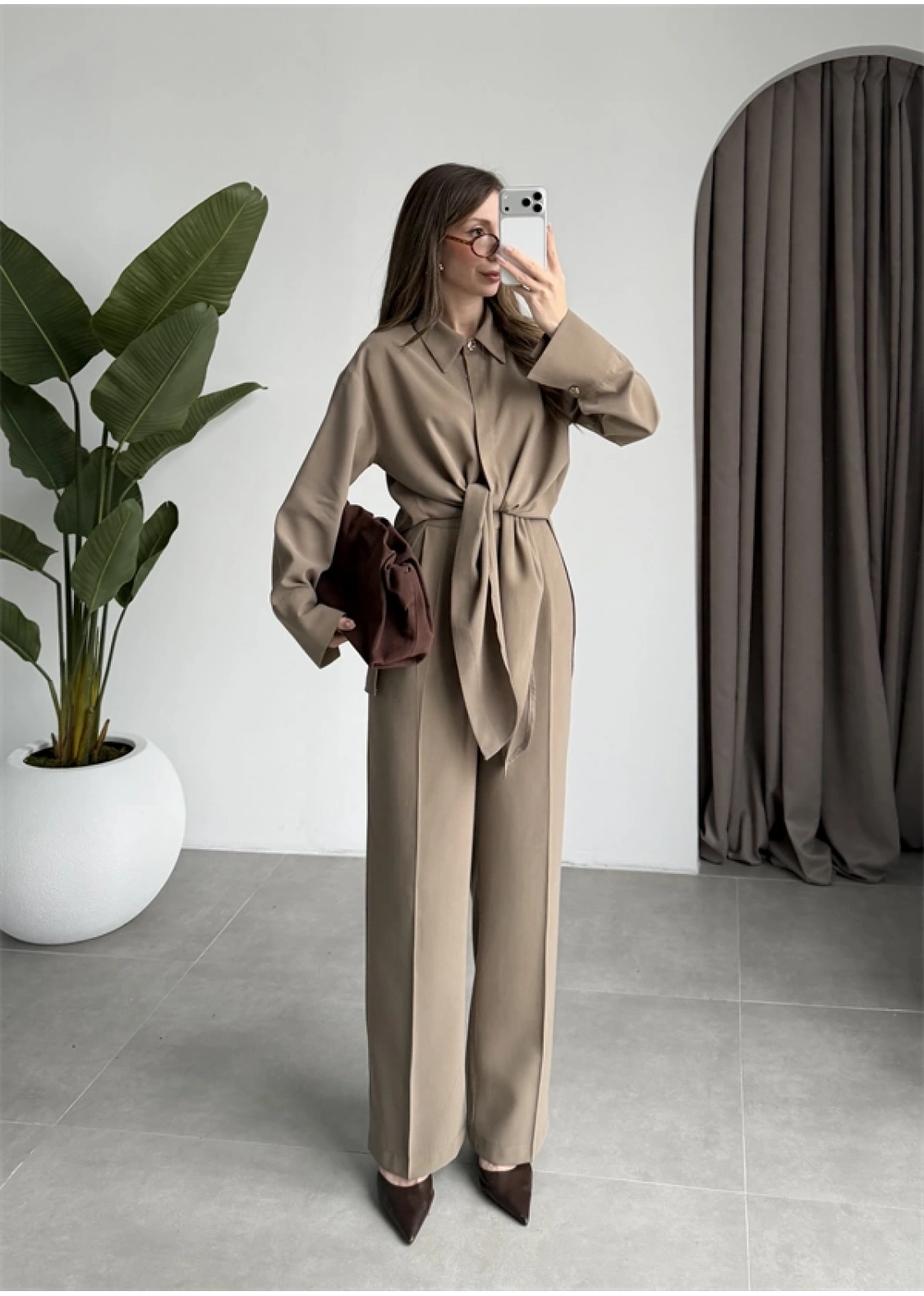 Premium Bağlamalı Haki Bluz Takım