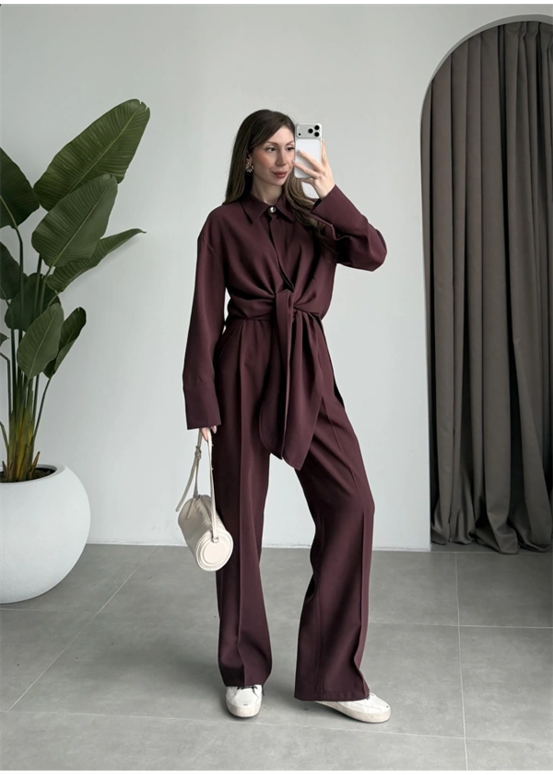 Premium Bağlamalı Mürdüm Bluz Takım