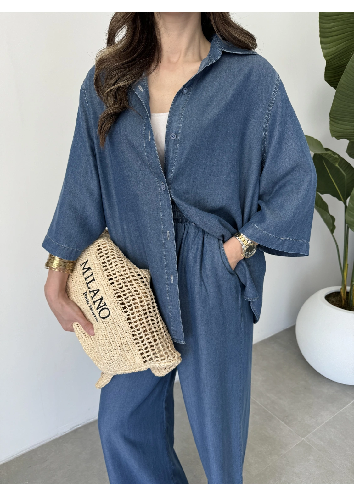 Premium Koyu Denim Mavi Tensel Takım