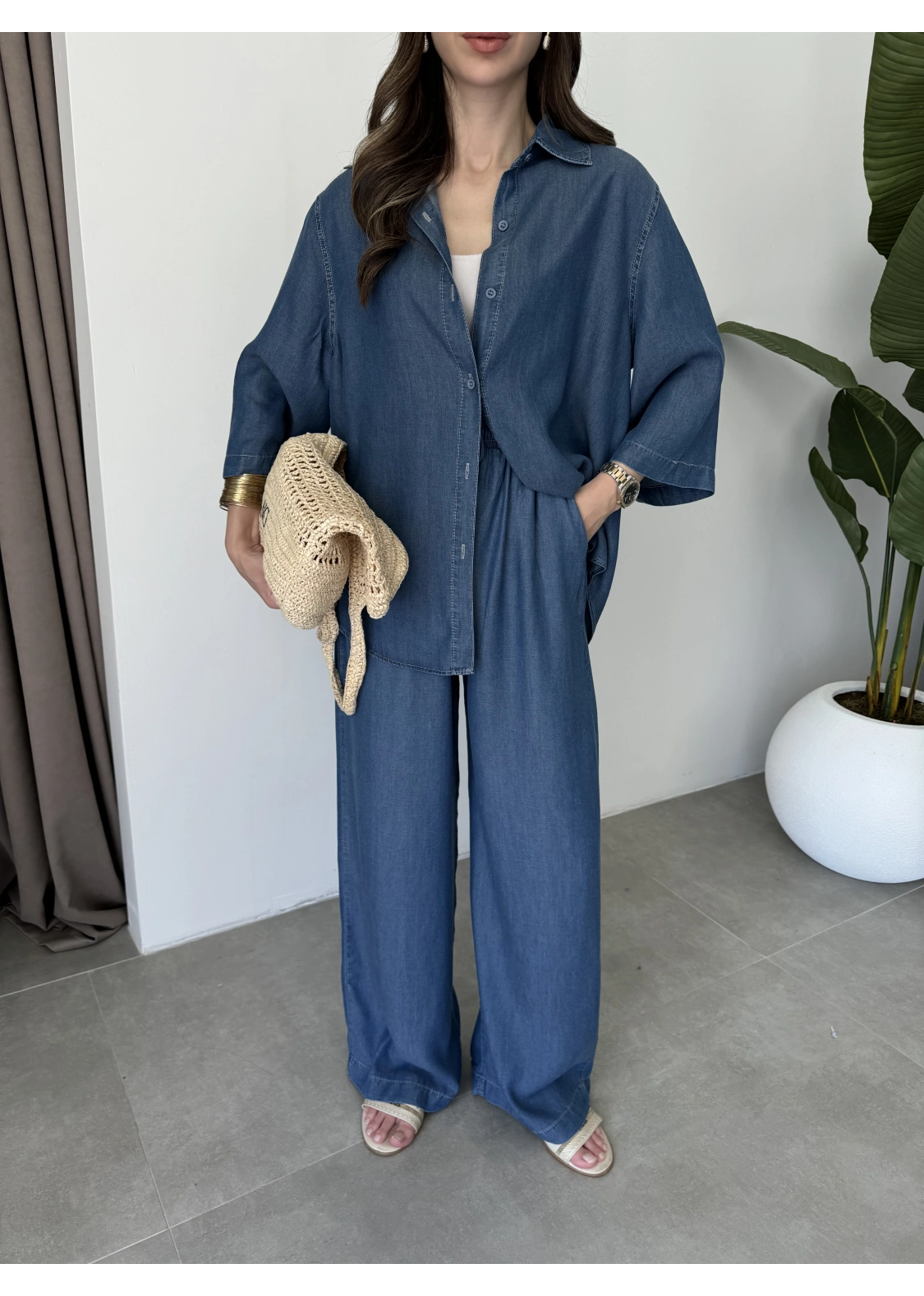 Premium Koyu Denim Mavi Tensel Takım