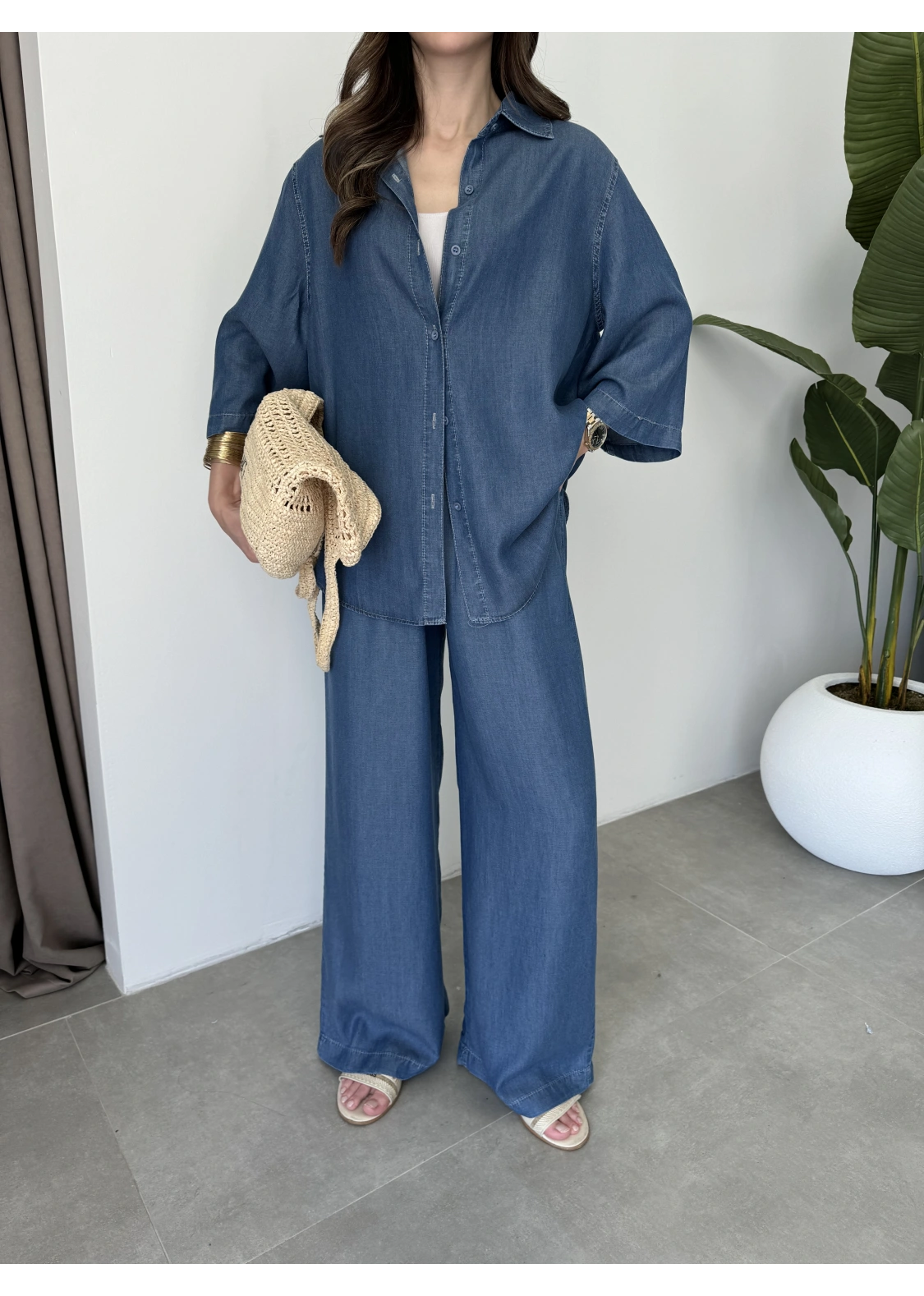 Premium Koyu Denim Mavi Tensel Takım