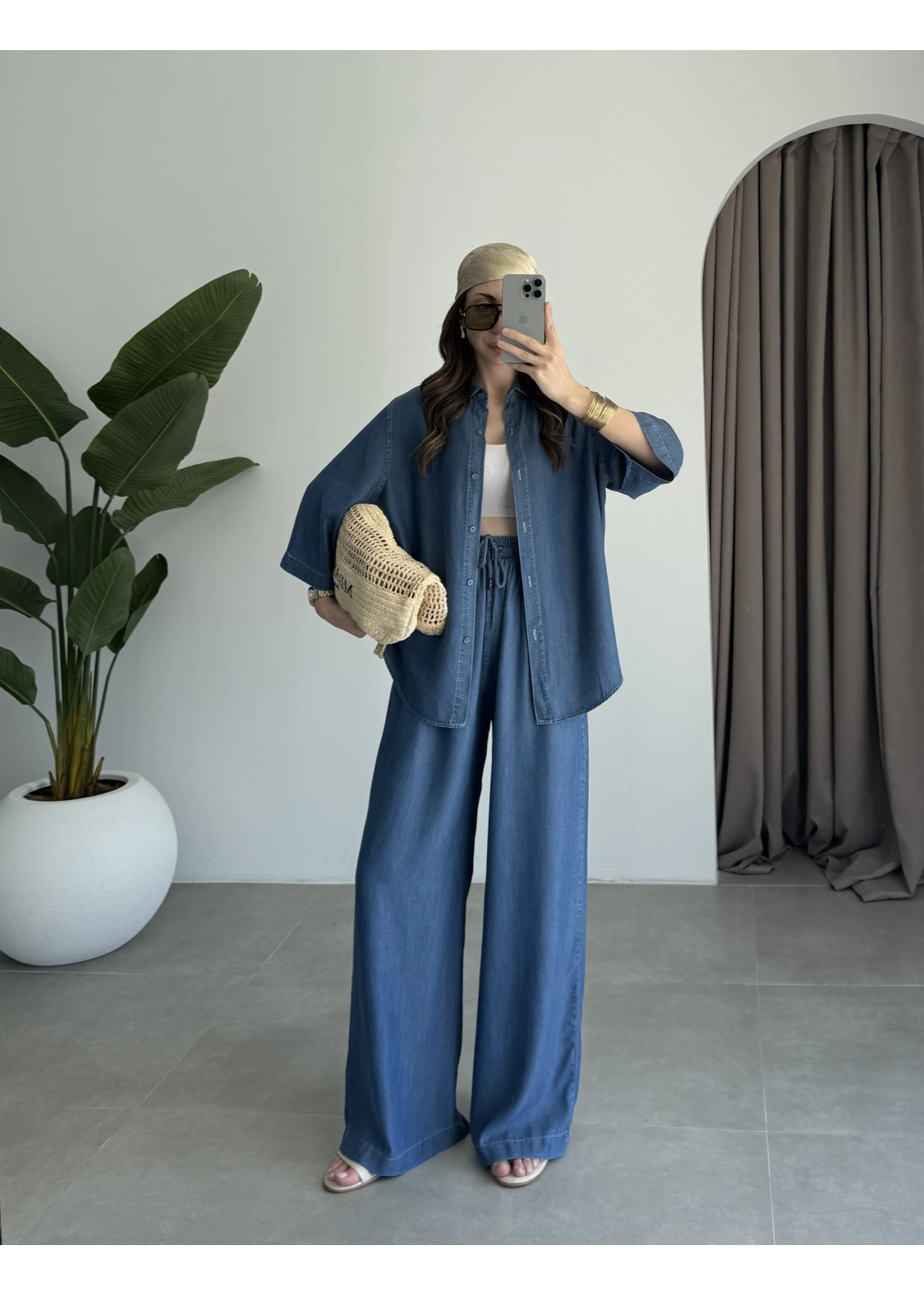 Premium Koyu Denim Mavi Tensel Takım