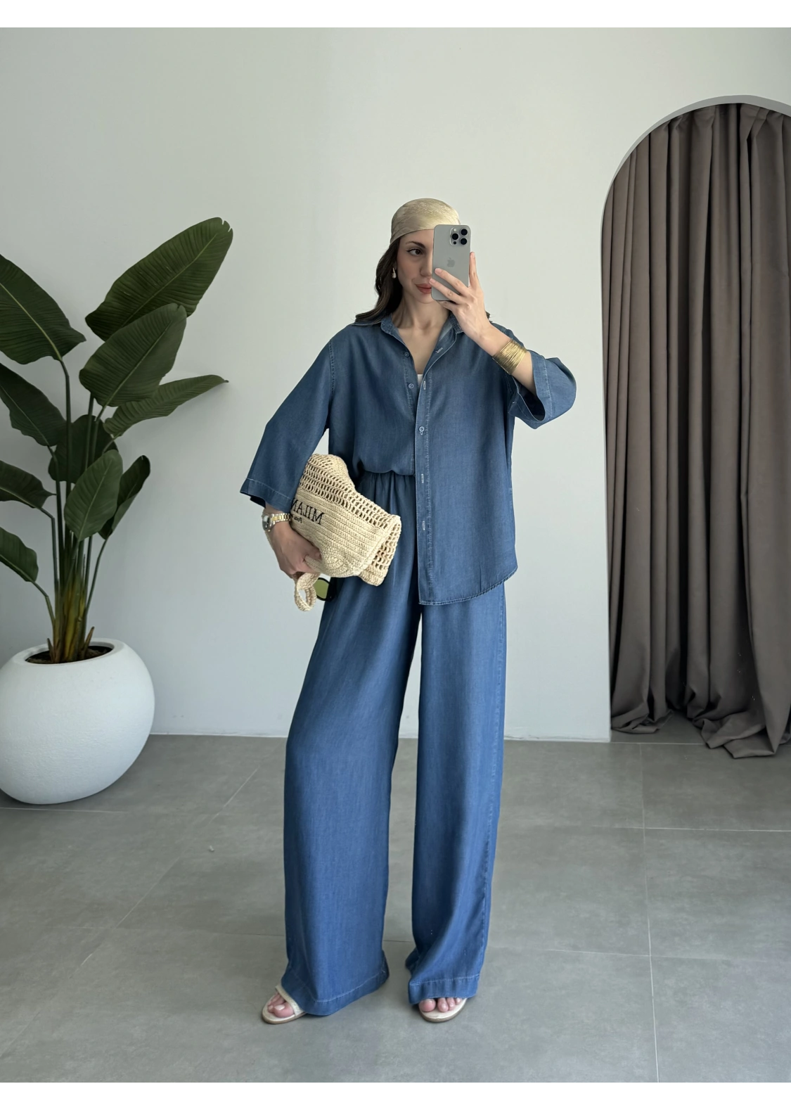 Premium Koyu Denim Mavi Tensel Takım
