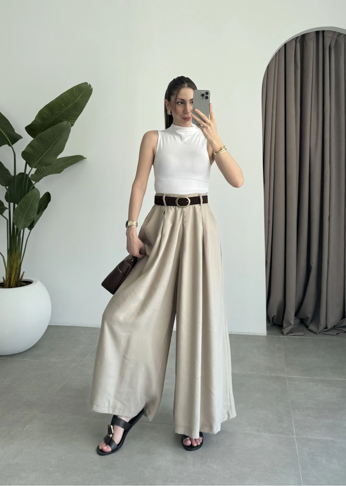 Premium Tensel Kemerli Bej Etek Pantolon